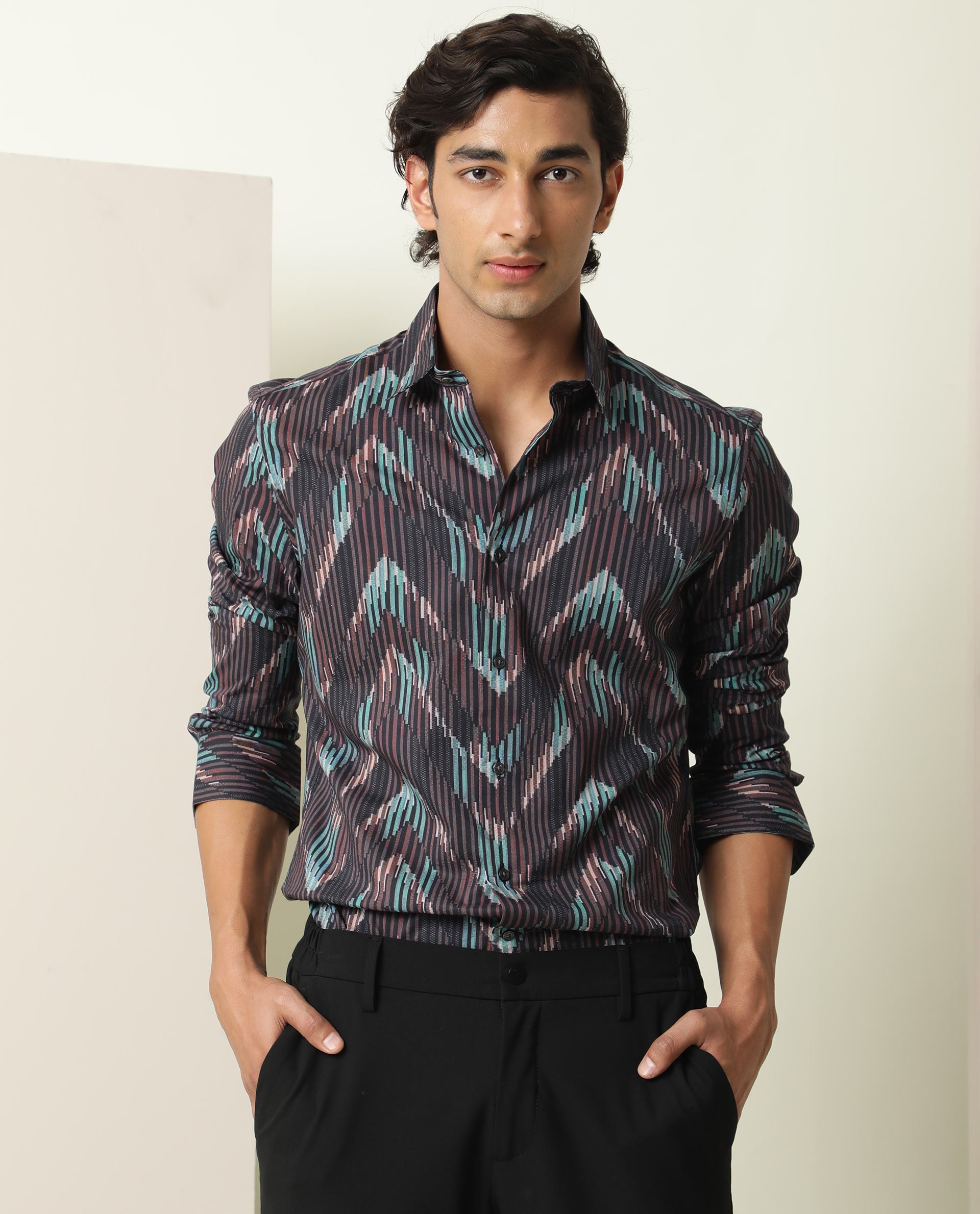 Rare Rabbit Men's Stria Brown Viscose Abstract Print Regular Fit Full Sleeve Collared Shirt