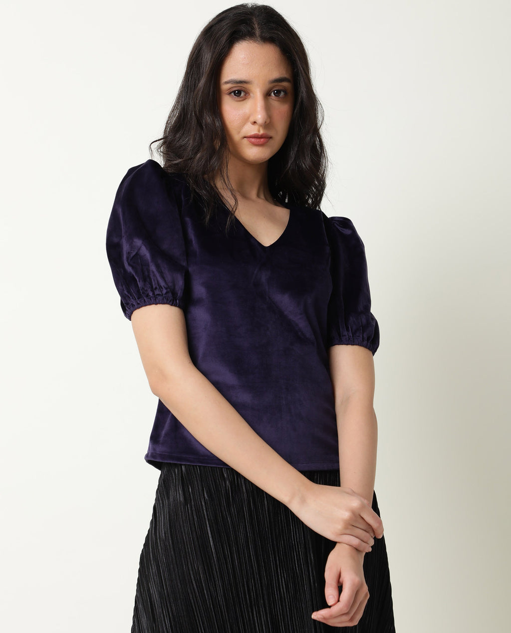 Rareism Women's Mun Navy V-Neck Plain Puff Sleeves Knee Length Regular Fit Top