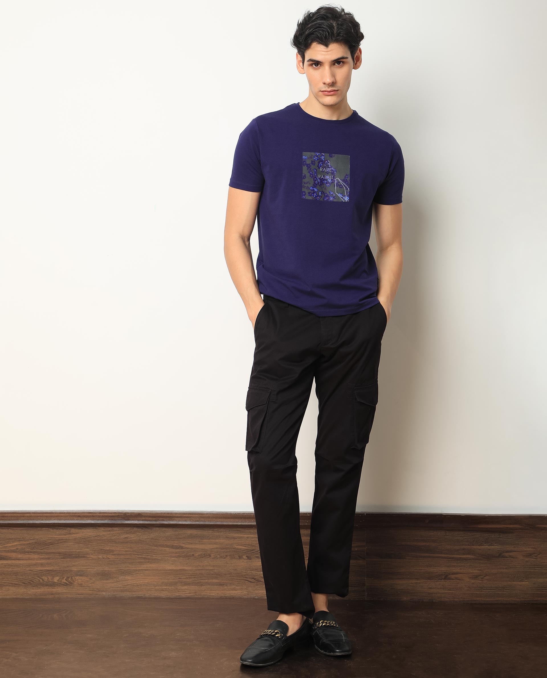 Rare Rabbit Men's Capri Purple Cotton Graphic Print Slim Fit Half Sleeve Crew Neck T-Shirt