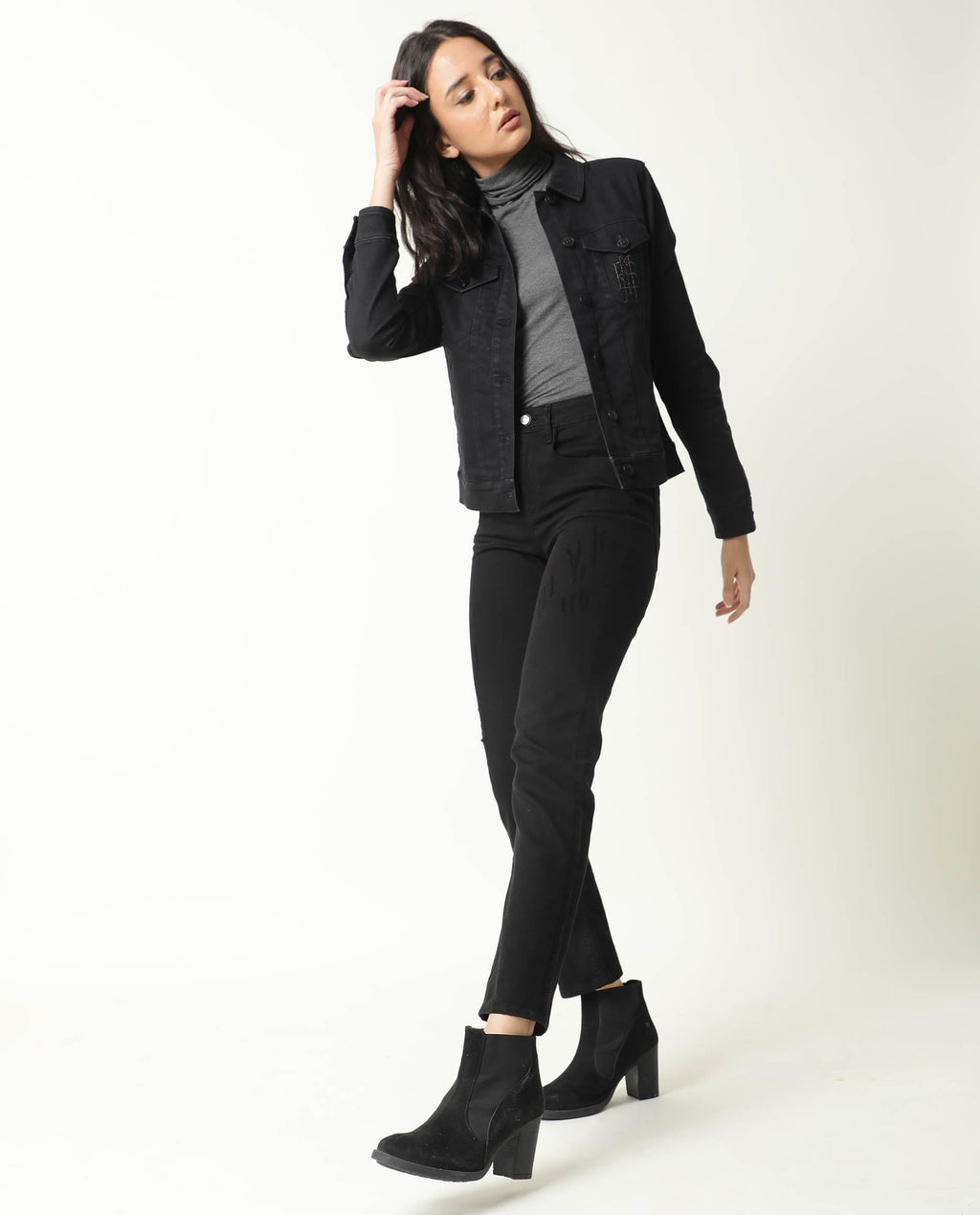 Rareism Women's Misso Black Cotton Blend Spread Collar Plain Regular Fit Jacket