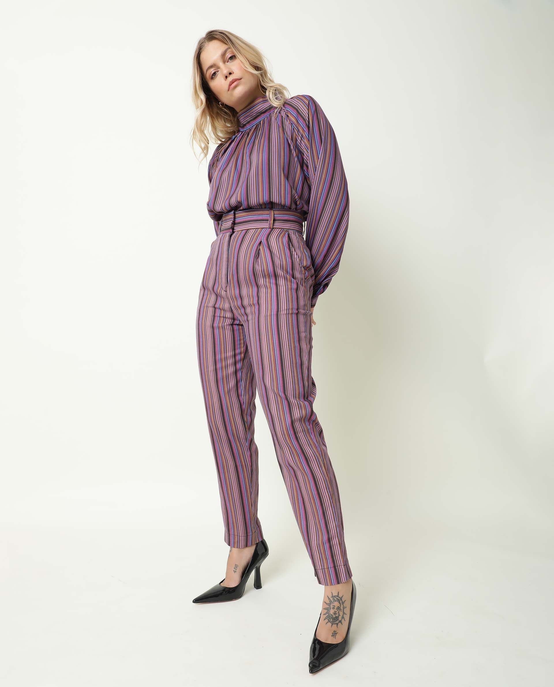 Rareism Women's Autumn Multi High Neck Striped Knee Length Regular Fit Top