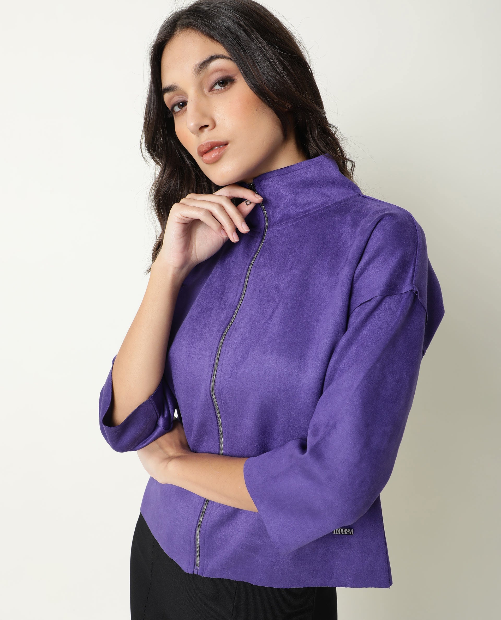Rareism Women's Vasu Purple Polyester High Neck Plain Regular Fit Jacket