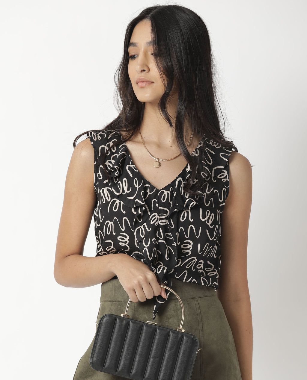 Rareism Women's Curls Black Modal Blend V-Neck Abstract Print Sleeveless Tailored Top