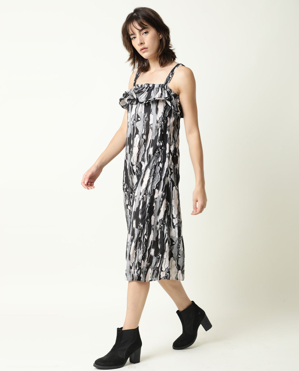 Rareism Women's Darling Black Cotton Collarless Abstract Print Shoulder Strap Knee Length Regular Fit Dress