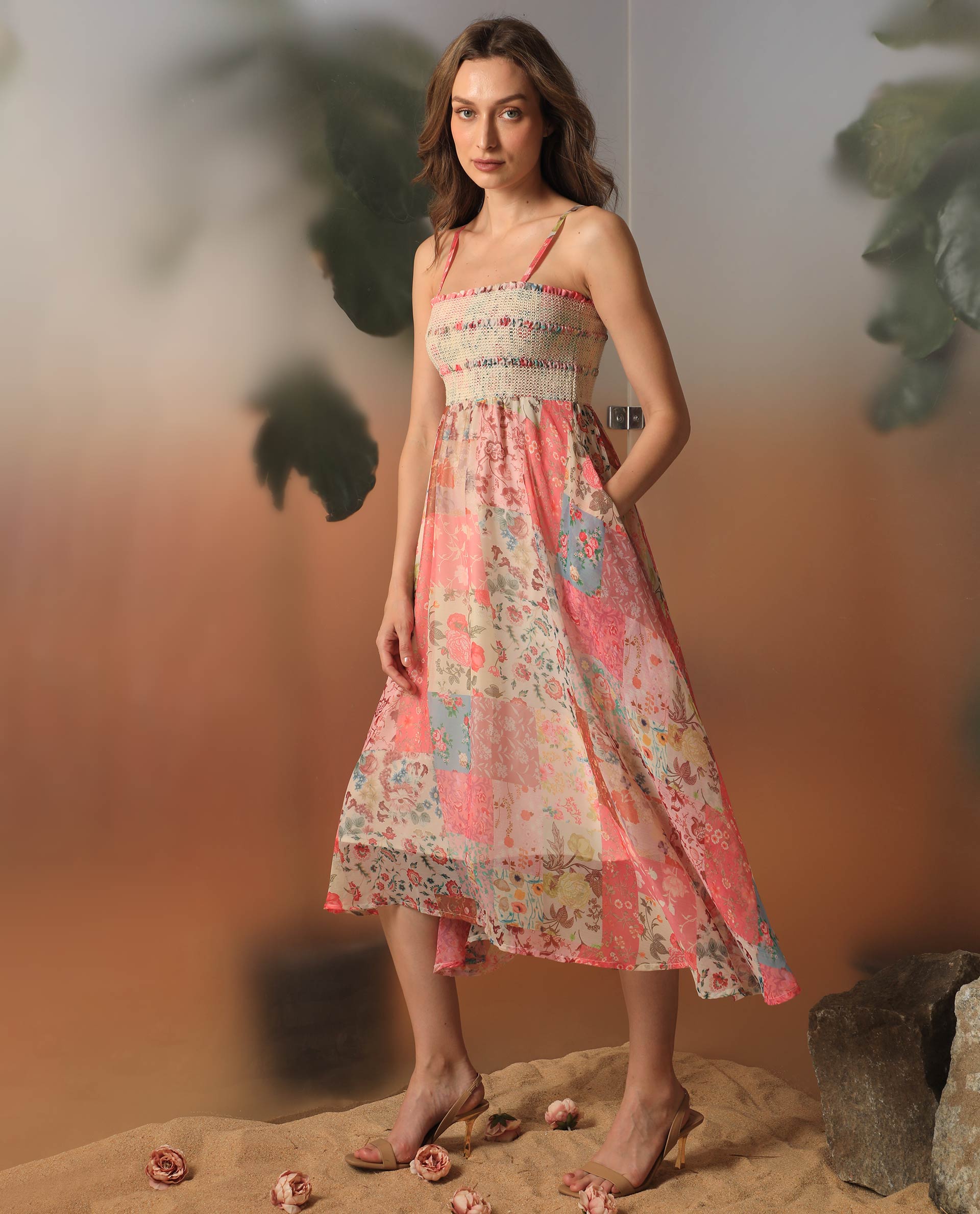 Rareism Women's Louiza Multi Polyester Shoulder Strap Floral Print Shoulder Strap Knee Length Regular Fit Dress