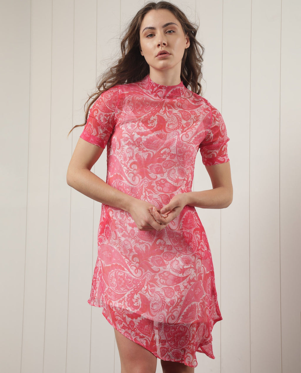Rareism Women's Beryl Pink Polyester High Neck Paisley Print Knee Length Regular Fit Dress