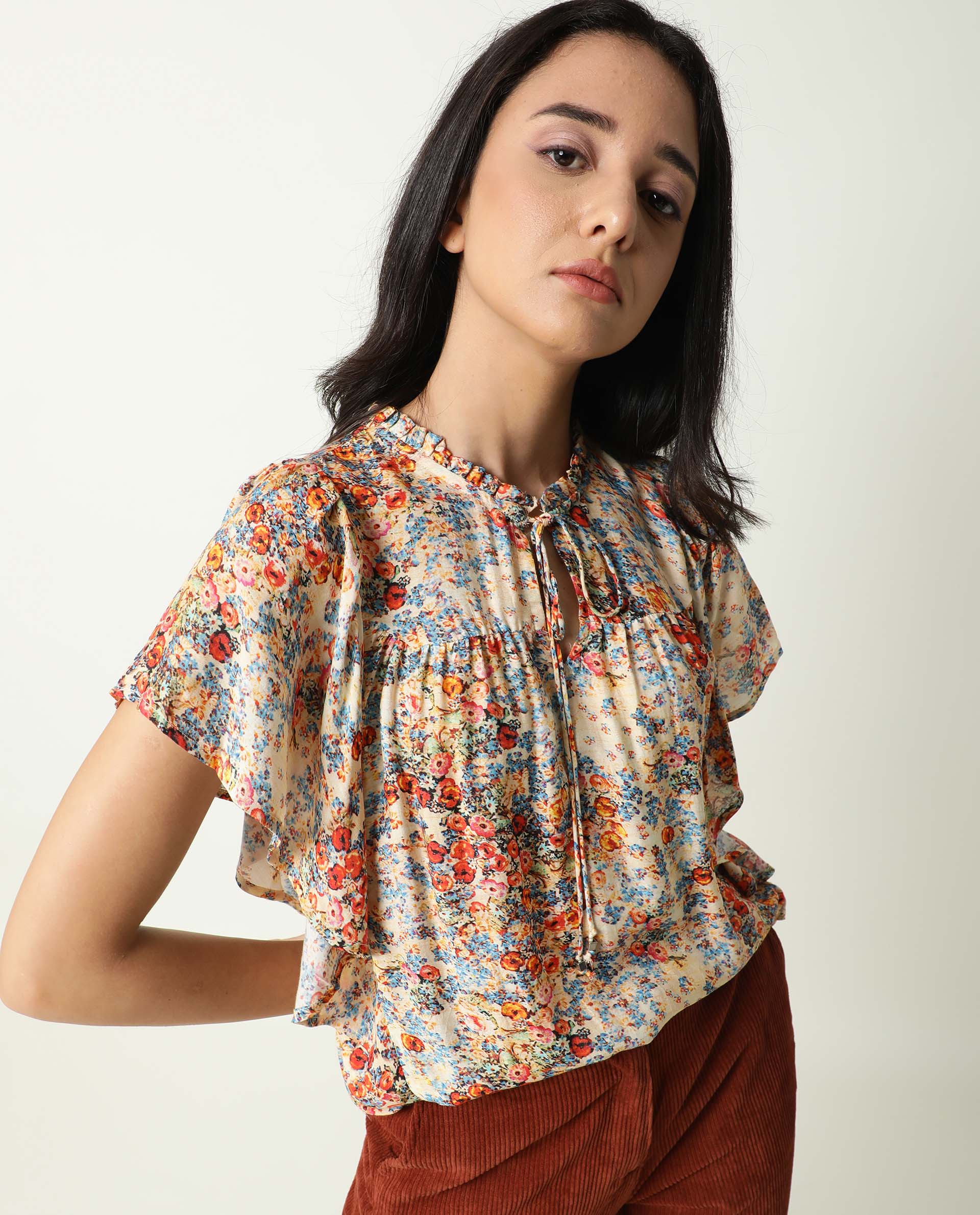 Rareism Women's Nigel Offwhite Cotton Blend Tie-Up Neck Floral Print Ruffled Sleeve Relaxed Fit Top