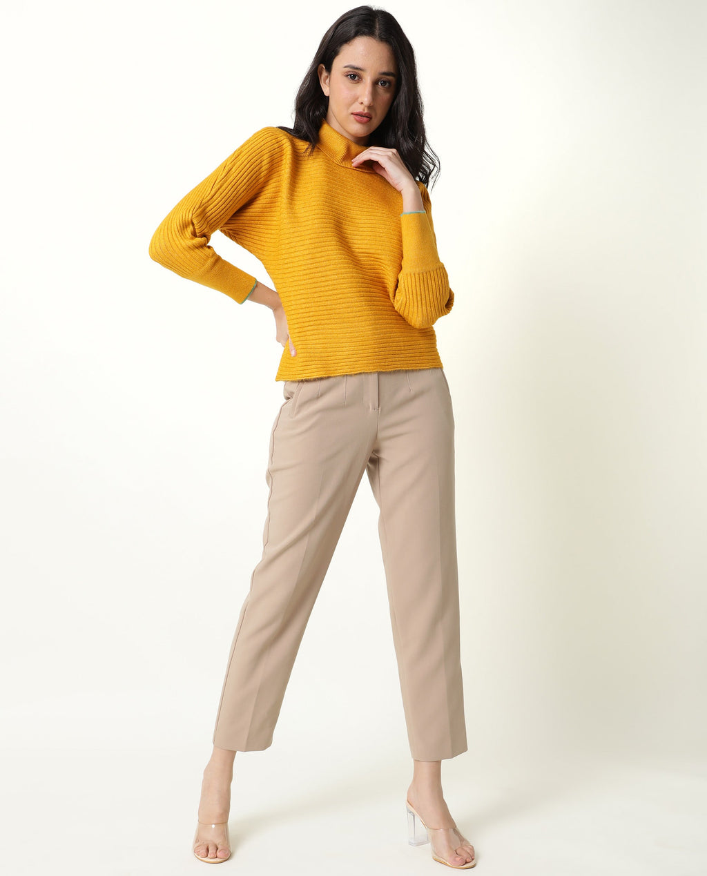 Rareism Women's Levour Mustard Acrylic Turtle Neck Plain Relaxed Fit Sweater