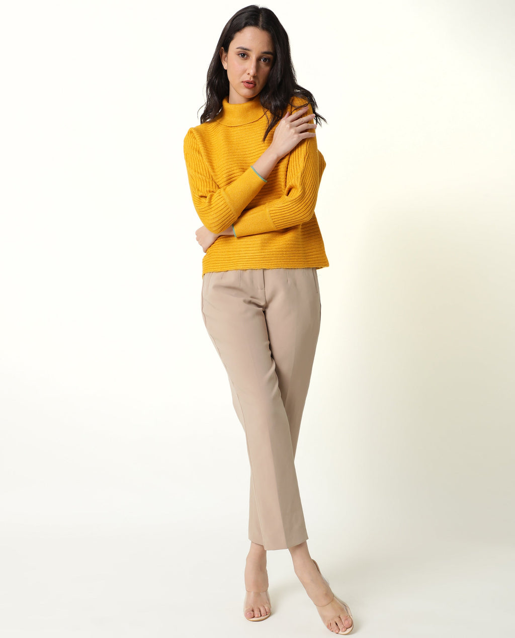 Rareism Women's Levour Mustard Acrylic Turtle Neck Plain Relaxed Fit Sweater