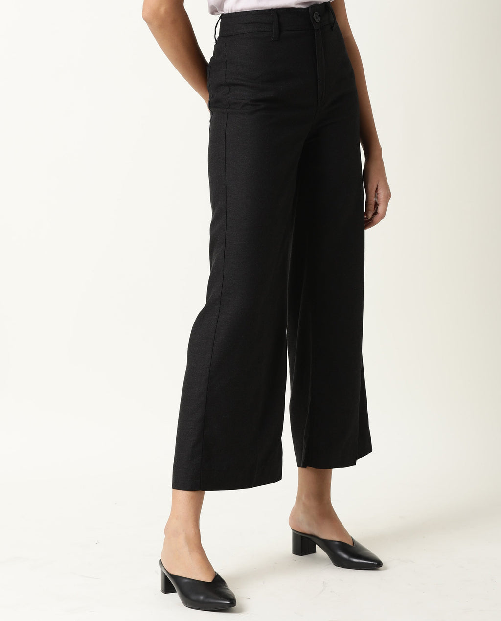 Rareism Women's Micky Black Cotton Blend Plain Ankle Length Tailored Trouser