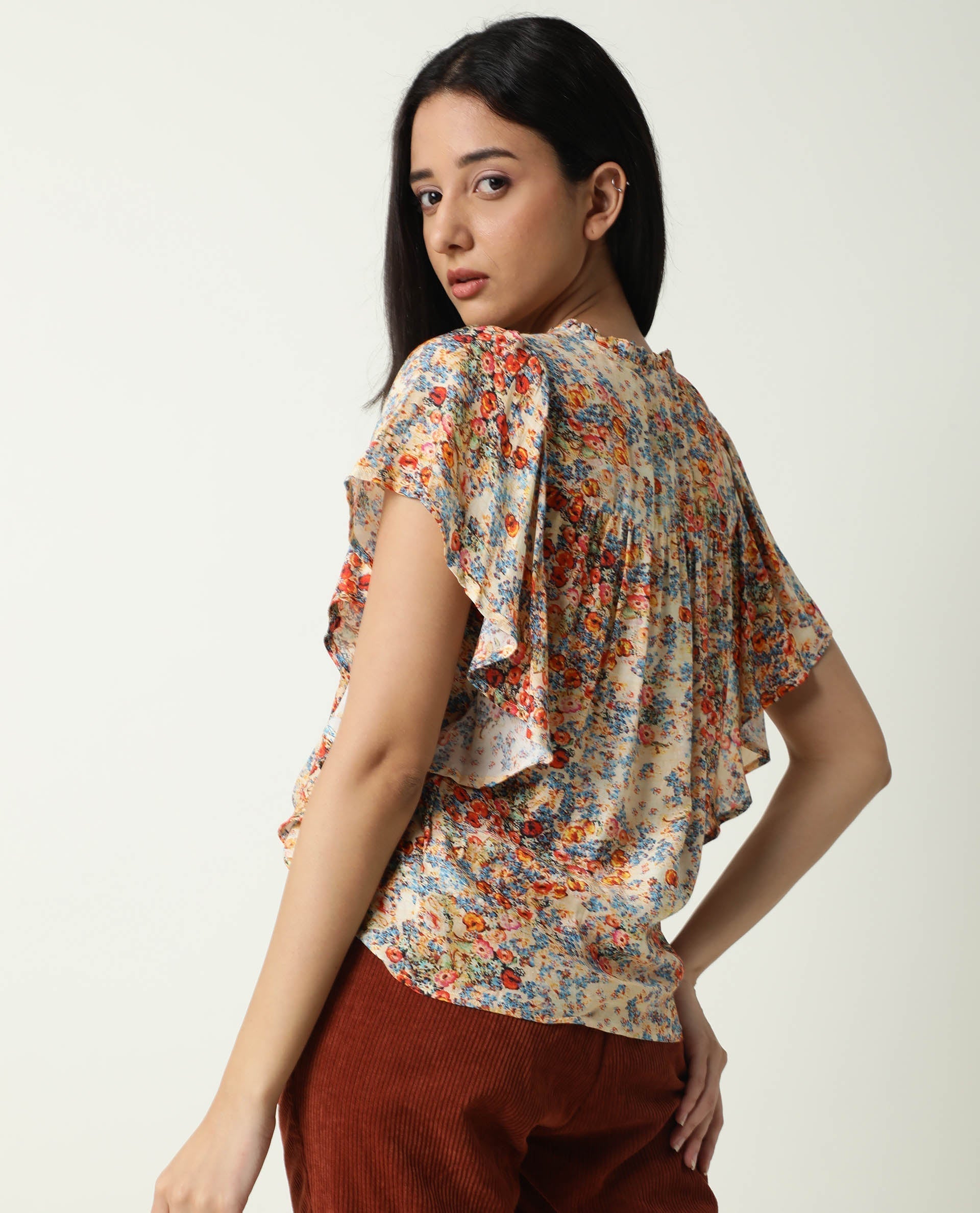 Rareism Women's Nigel Offwhite Cotton Blend Tie-Up Neck Floral Print Ruffled Sleeve Relaxed Fit Top