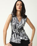 Rareism Women's Portal Black Modal Blend V-Neck Abstract Print Sleeveless Regular Fit Top