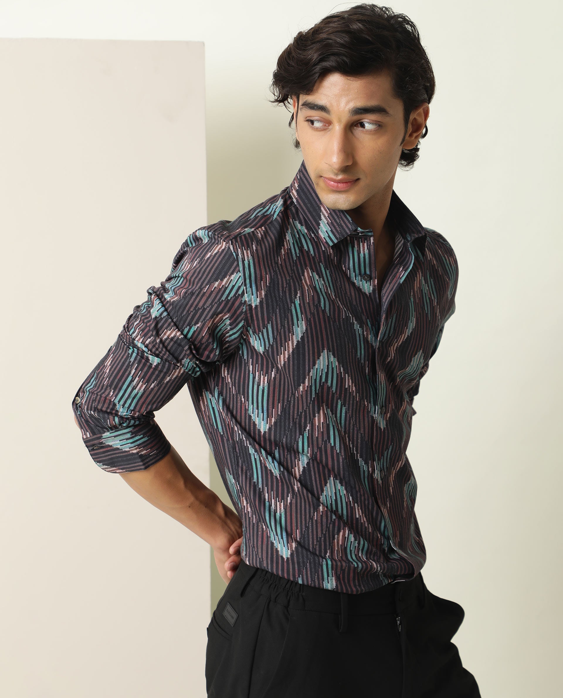 Rare Rabbit Men's Stria Brown Viscose Abstract Print Regular Fit Full Sleeve Collared Shirt
