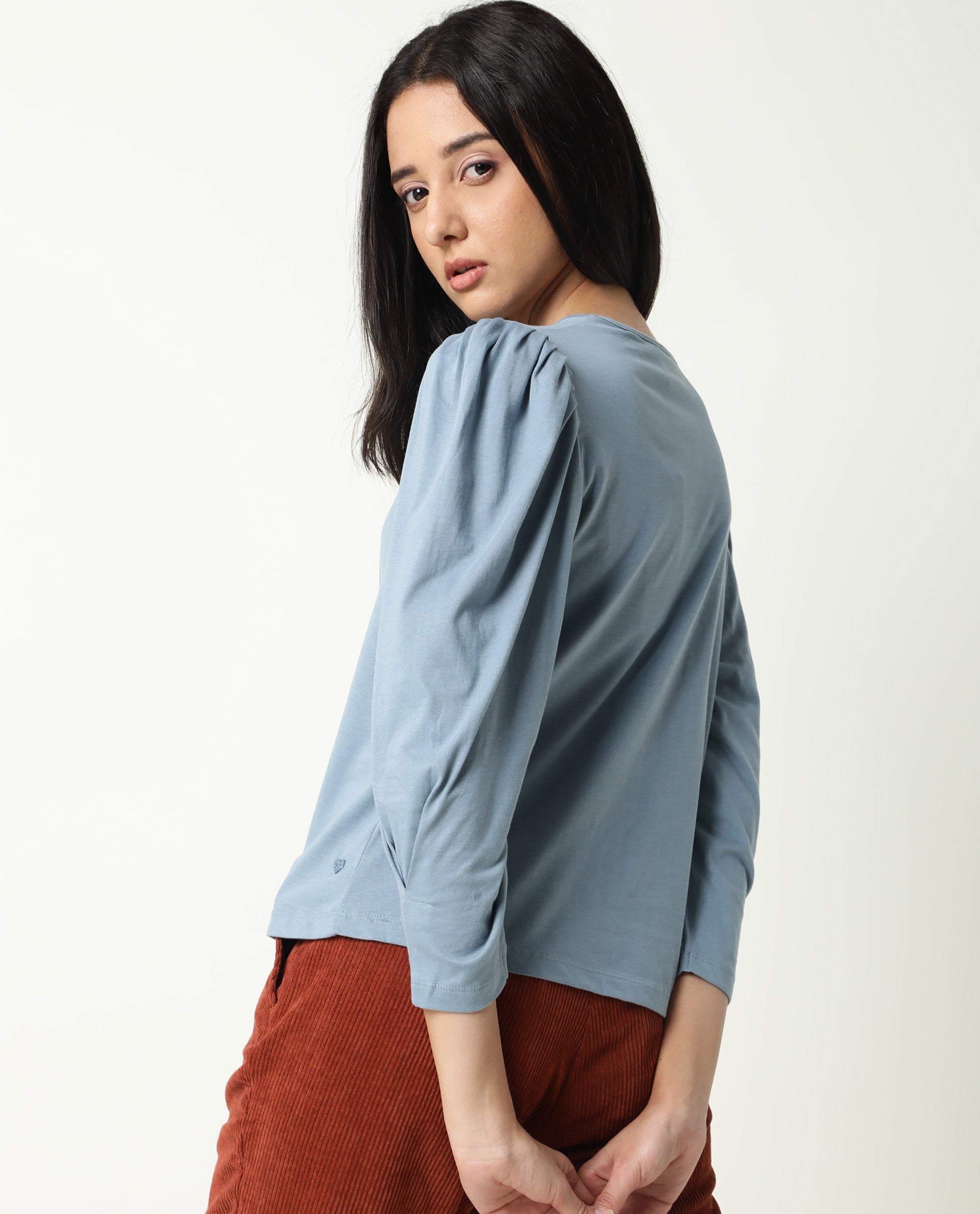 Rareism Women's Ballerina Blue Cotton Boat Neck Plain Knee Length Regular Fit Top