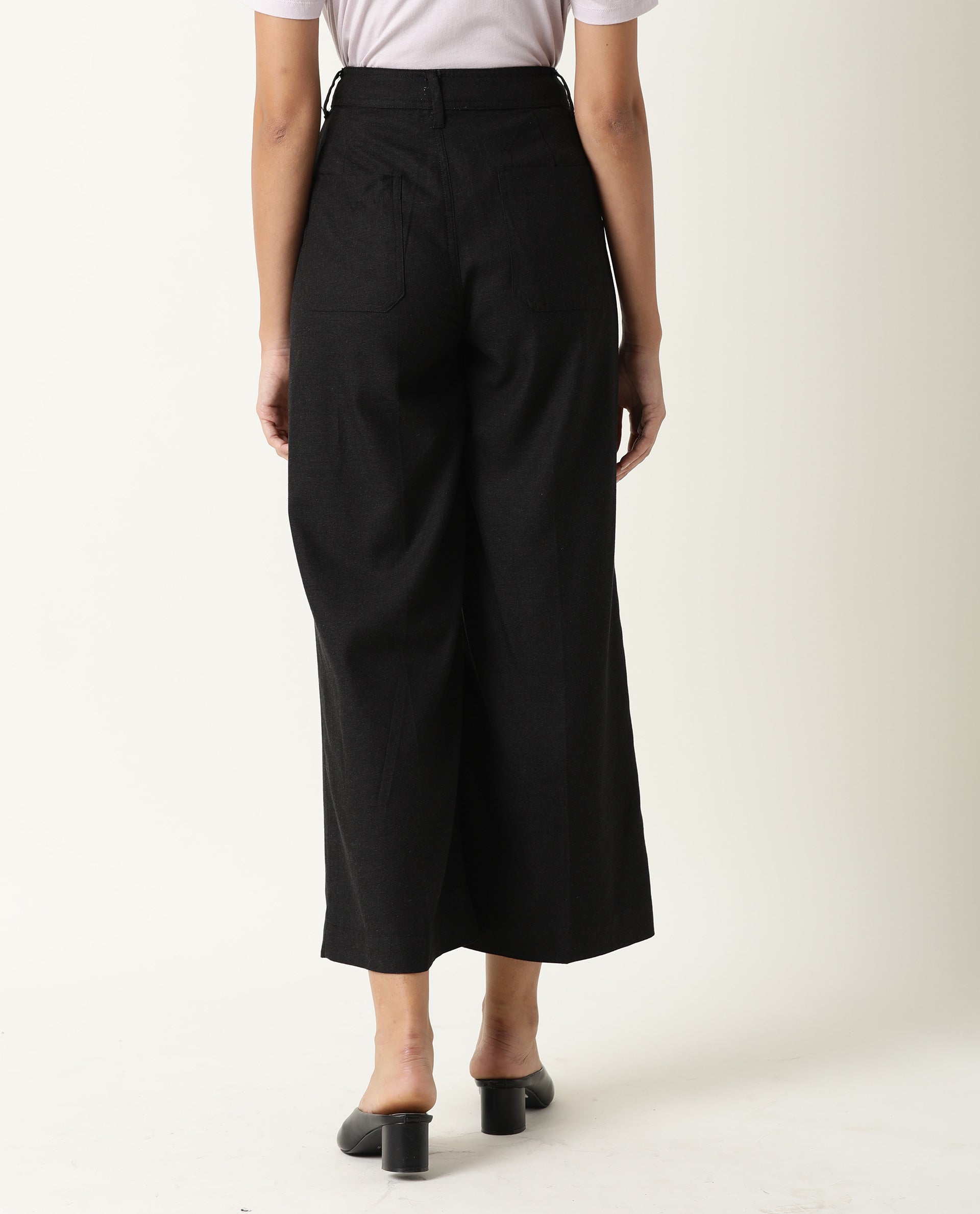 Rareism Women's Micky Black Cotton Blend Plain Ankle Length Tailored Trouser