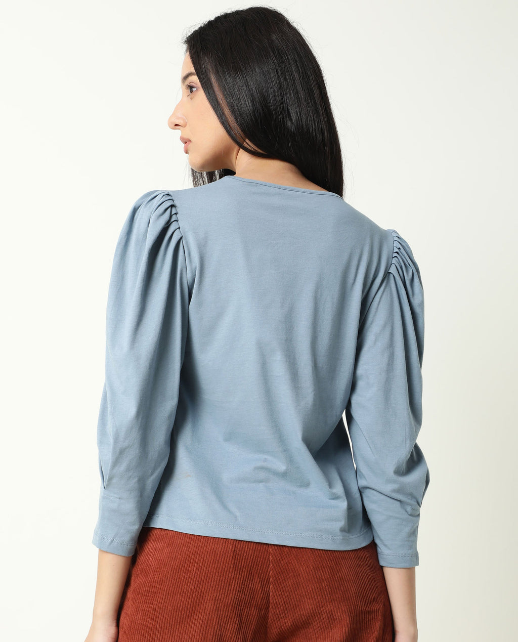Rareism Women's Ballerina Blue Cotton Boat Neck Plain Knee Length Regular Fit Top