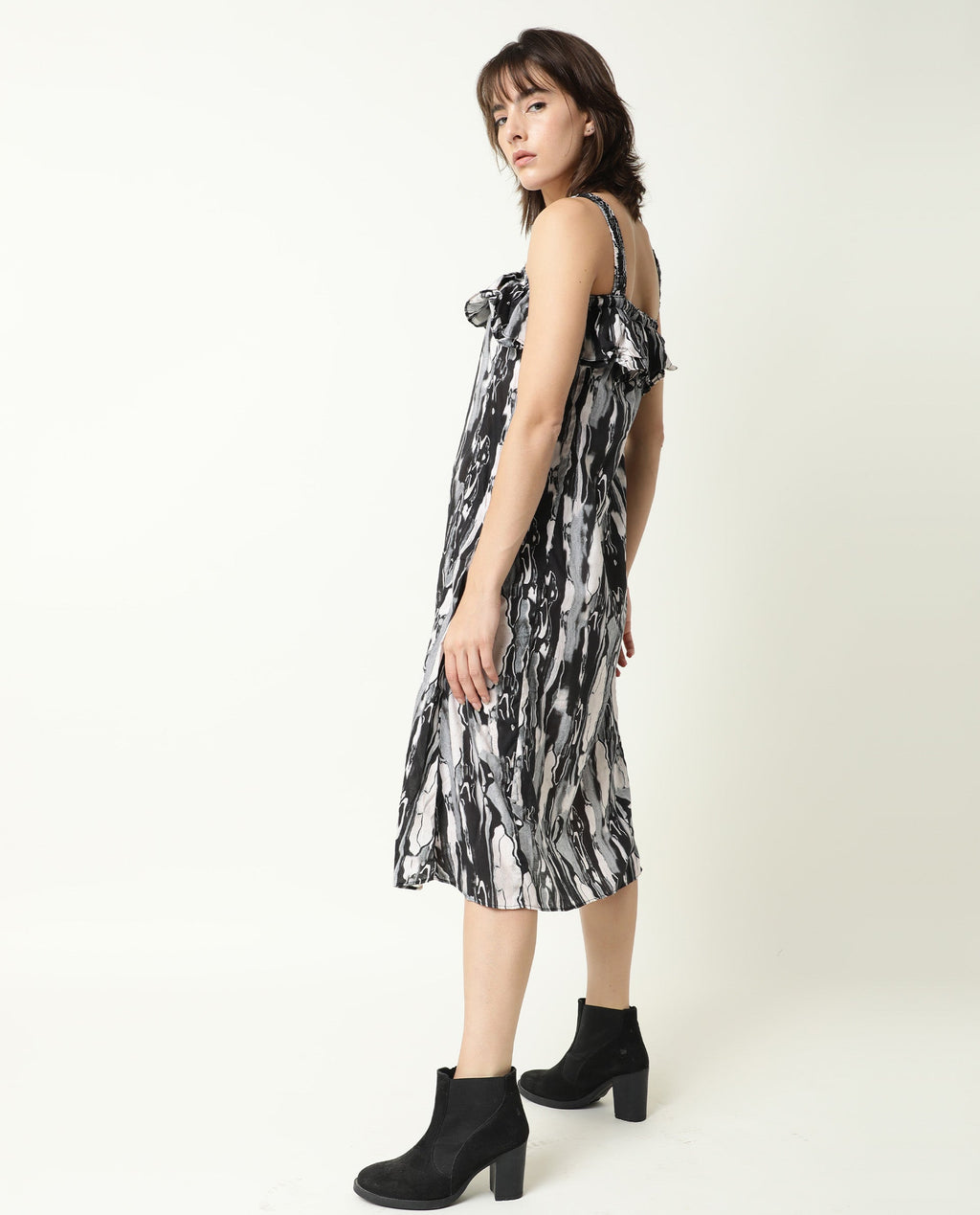 Rareism Women's Darling Black Cotton Collarless Abstract Print Shoulder Strap Knee Length Regular Fit Dress