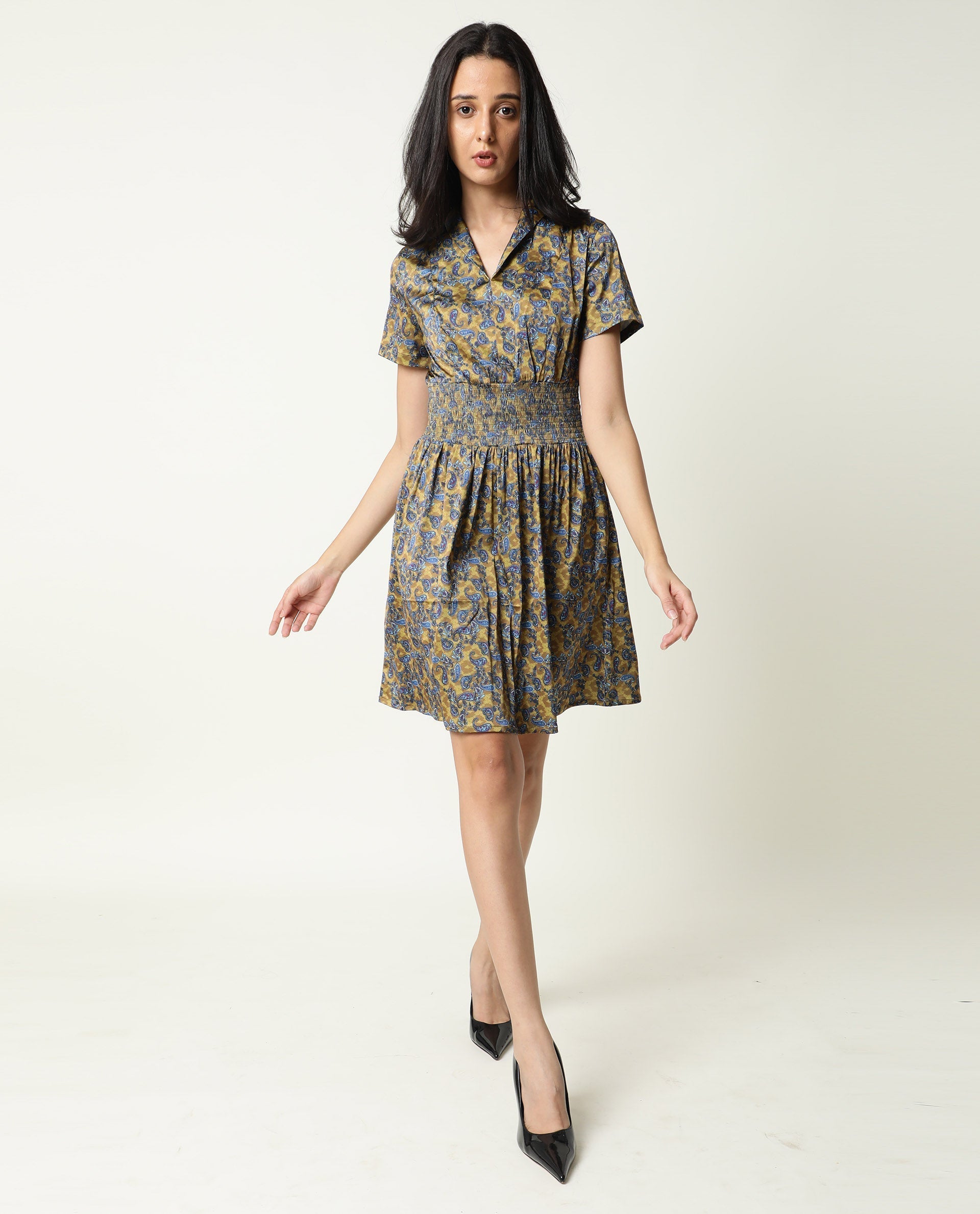 Rareism Women's Joss-Olive Modal V-Neck Abstract Print Mini Regular Fit Dress