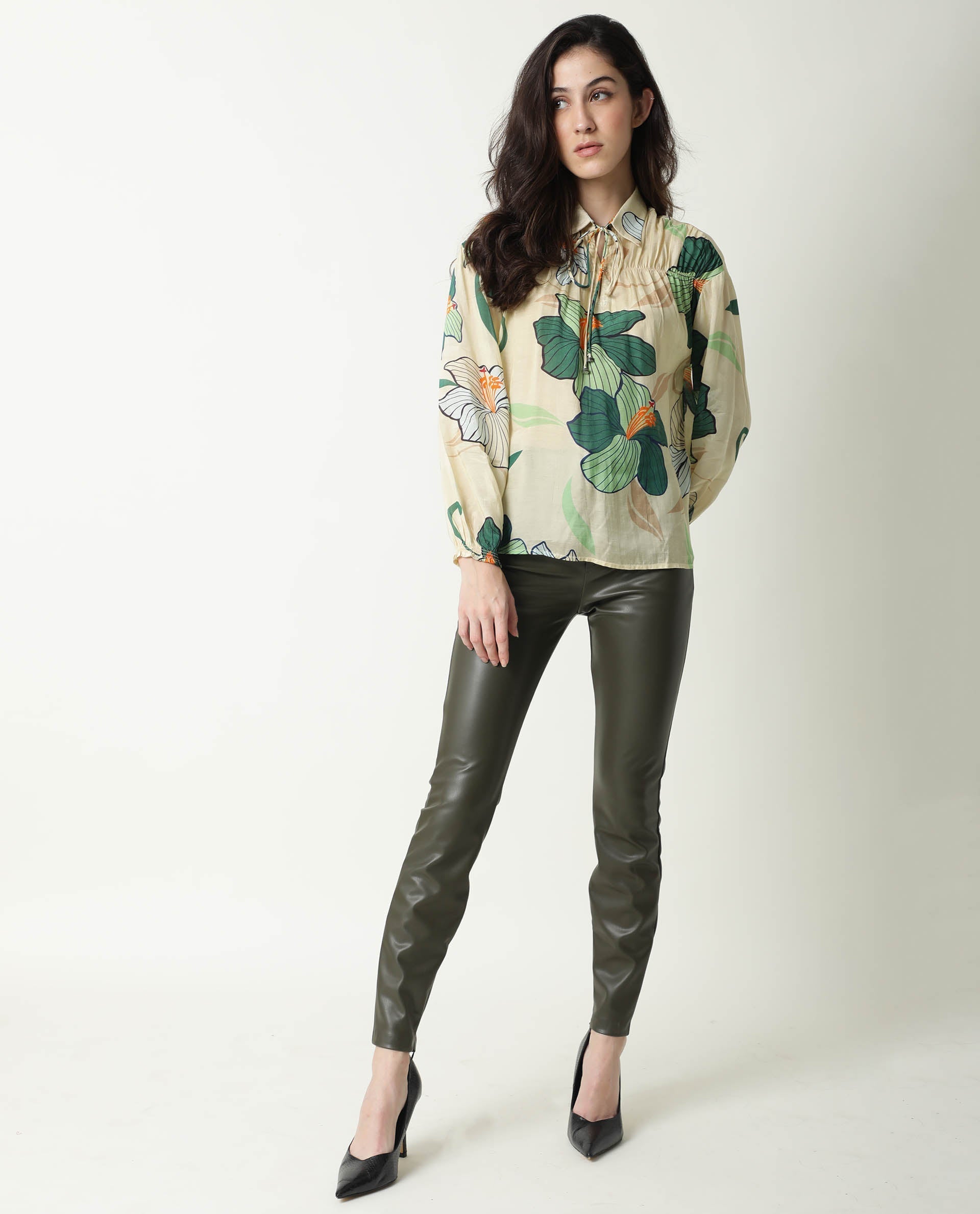 Rareism Women's Kalina Offwhite Tie-Up Neck Floral Print Knee Length Regular Fit Top