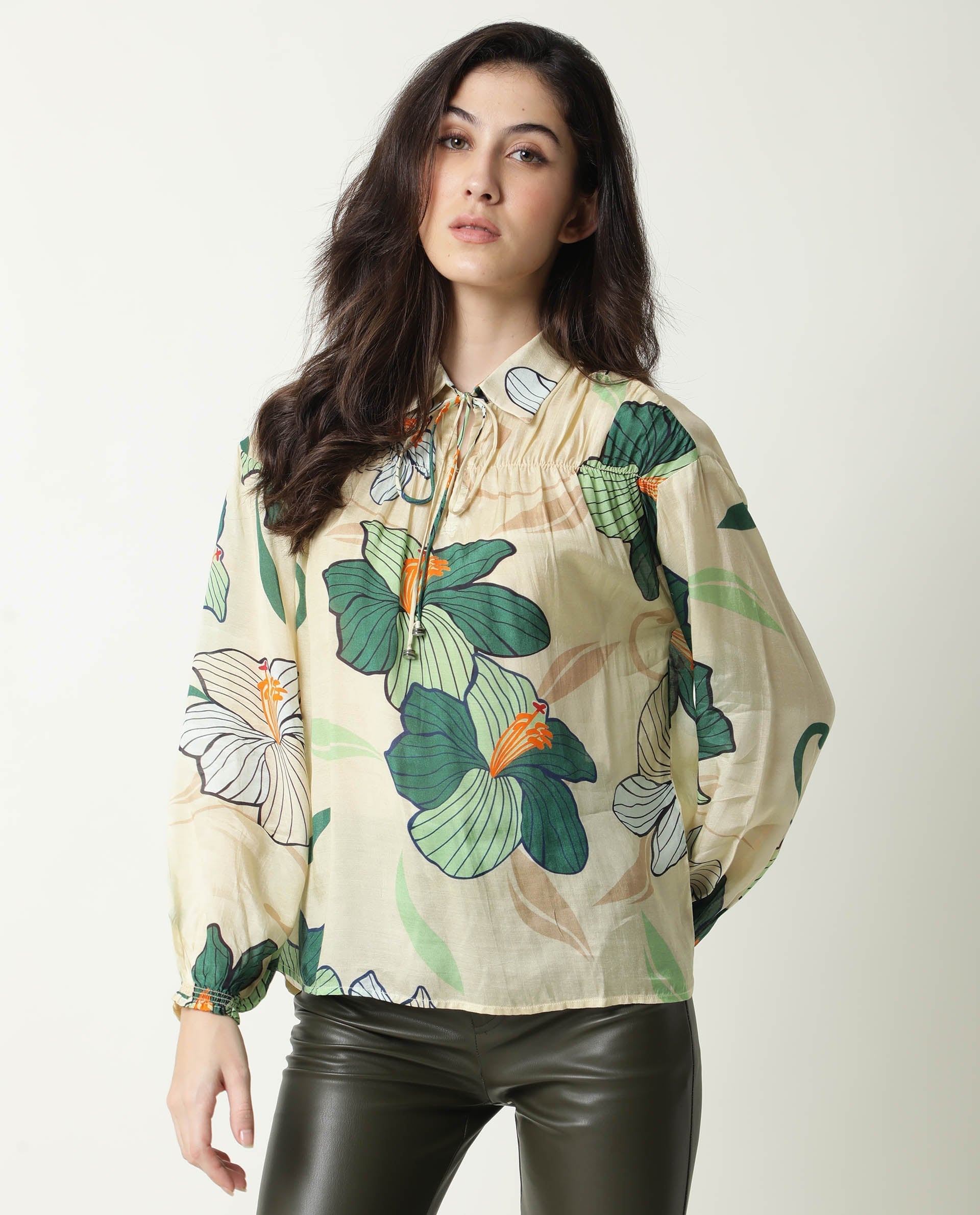 Rareism Women's Kalina Offwhite Tie-Up Neck Floral Print Knee Length Regular Fit Top