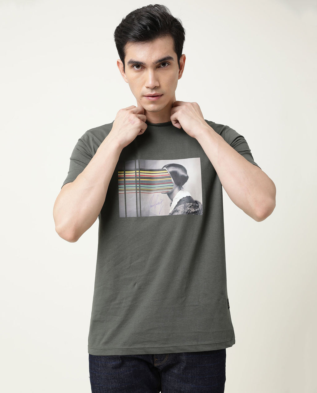 Rare Rabbit Men's Rainy Olive Cotton Graphic Print Slim Fit Half Sleeve Crew Neck T-Shirt