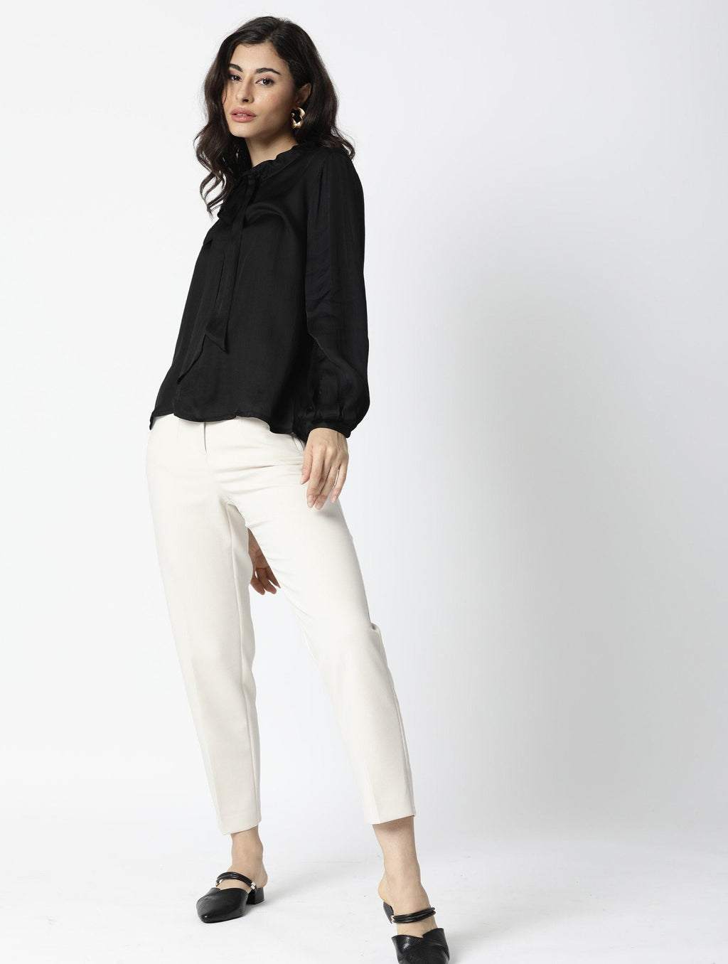 Rareism Women's Sleek Black Tie-Up Neck Plain Regular Fit Top