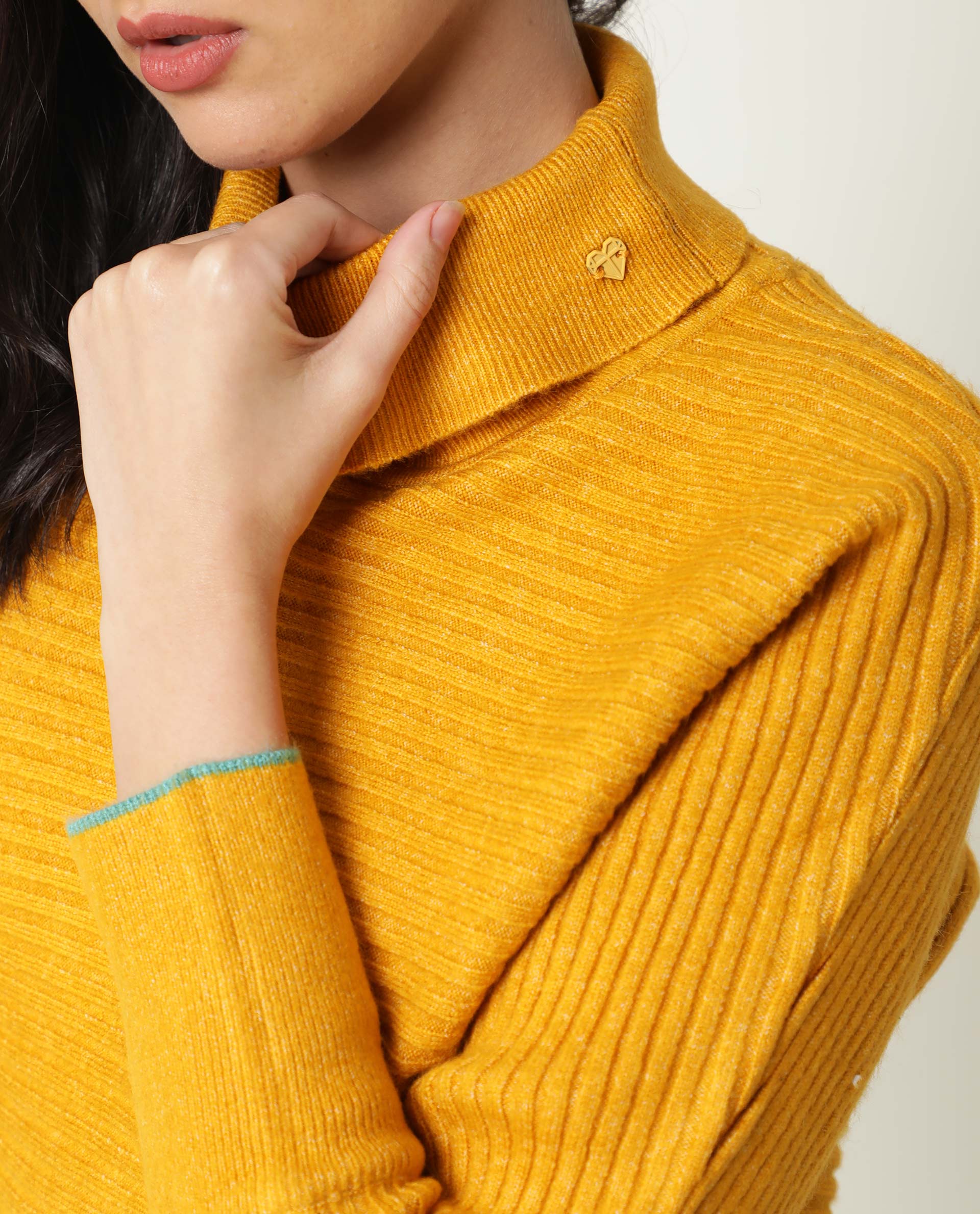 Rareism Women's Levour Mustard Acrylic Turtle Neck Plain Relaxed Fit Sweater