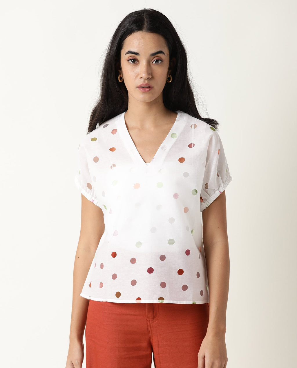 Rareism Women's Misan White V-Neck Color Block Knee Length Regular Fit Top