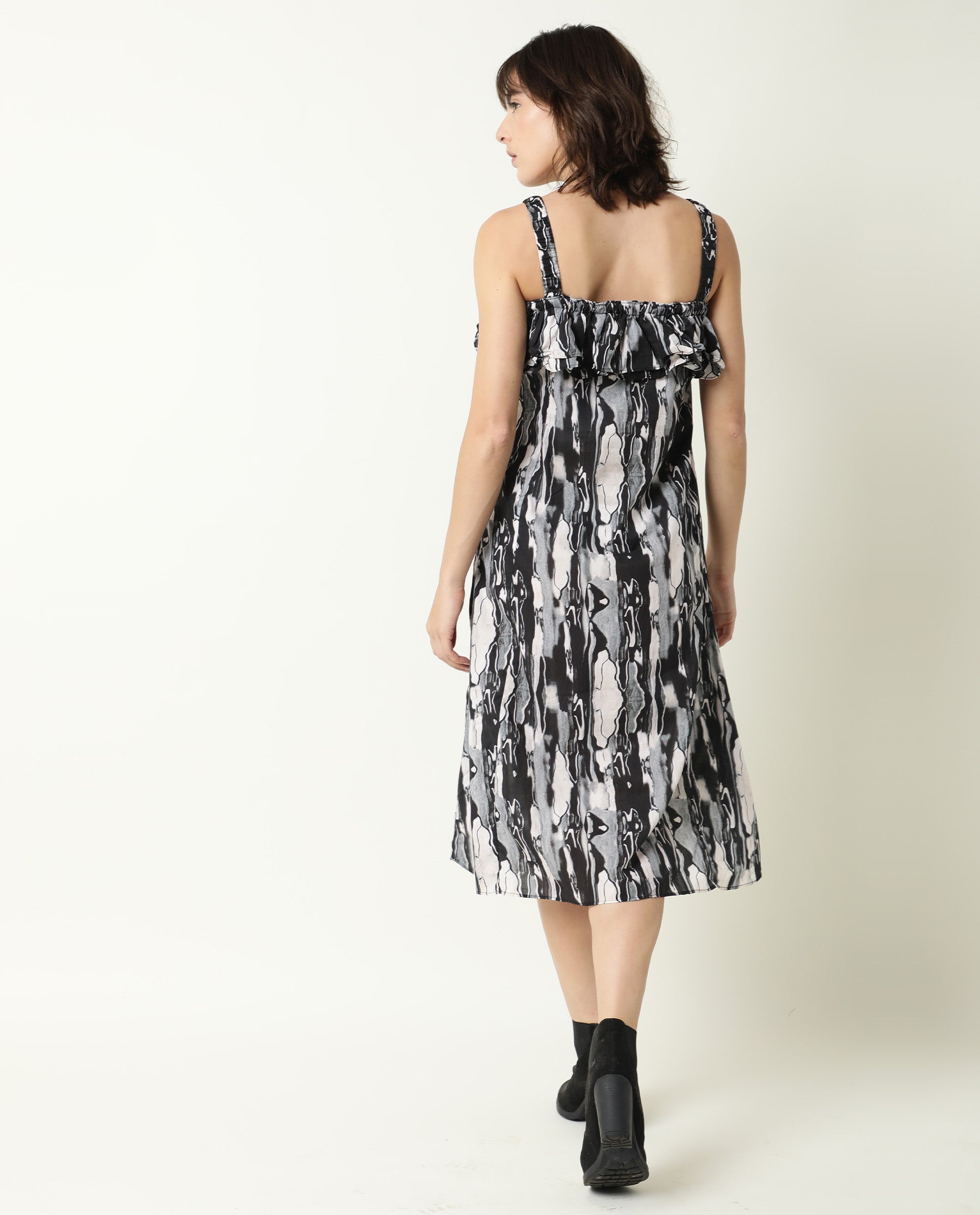 Rareism Women's Darling Black Cotton Collarless Abstract Print Shoulder Strap Knee Length Regular Fit Dress
