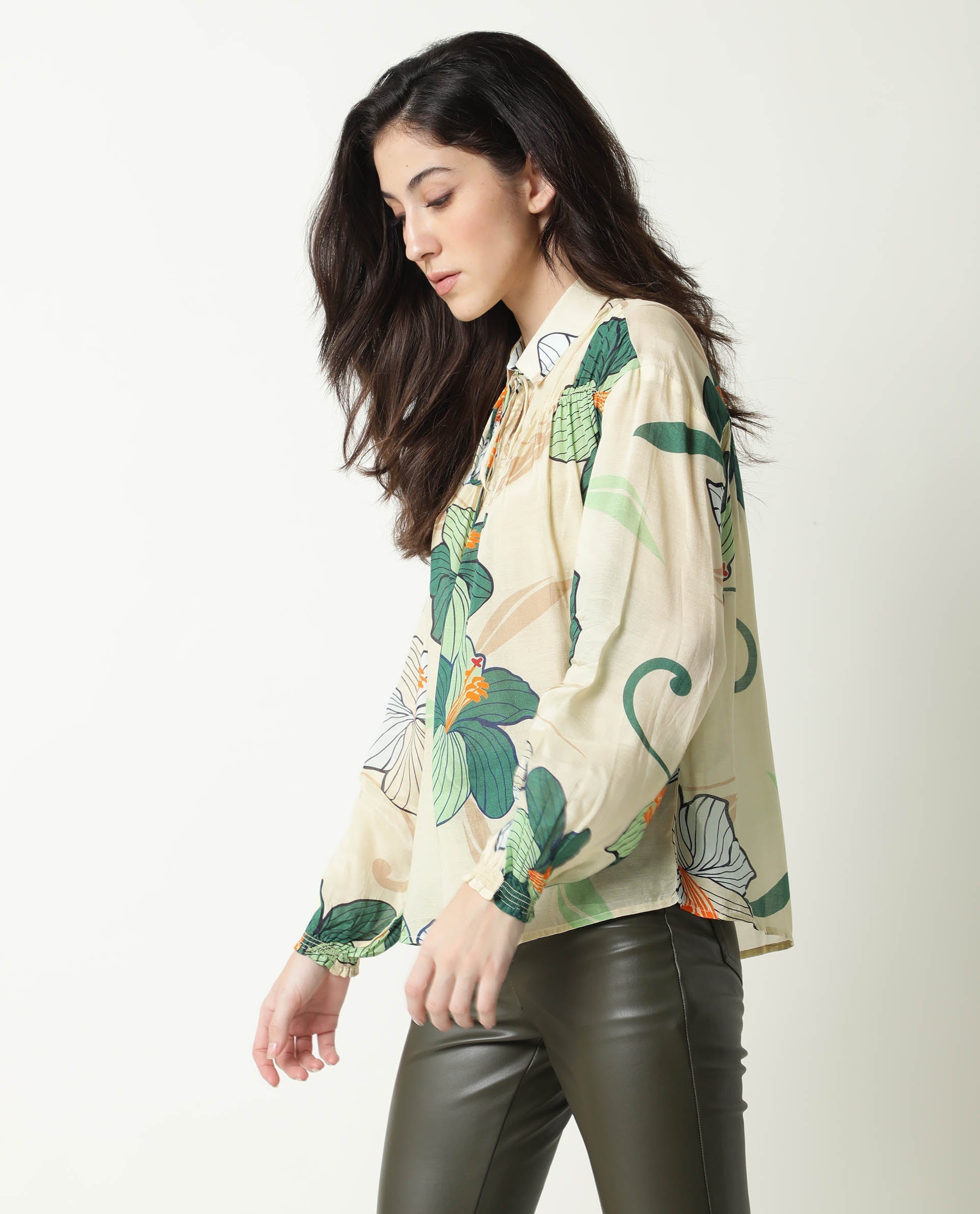 Rareism Women's Kalina Offwhite Tie-Up Neck Floral Print Knee Length Regular Fit Top