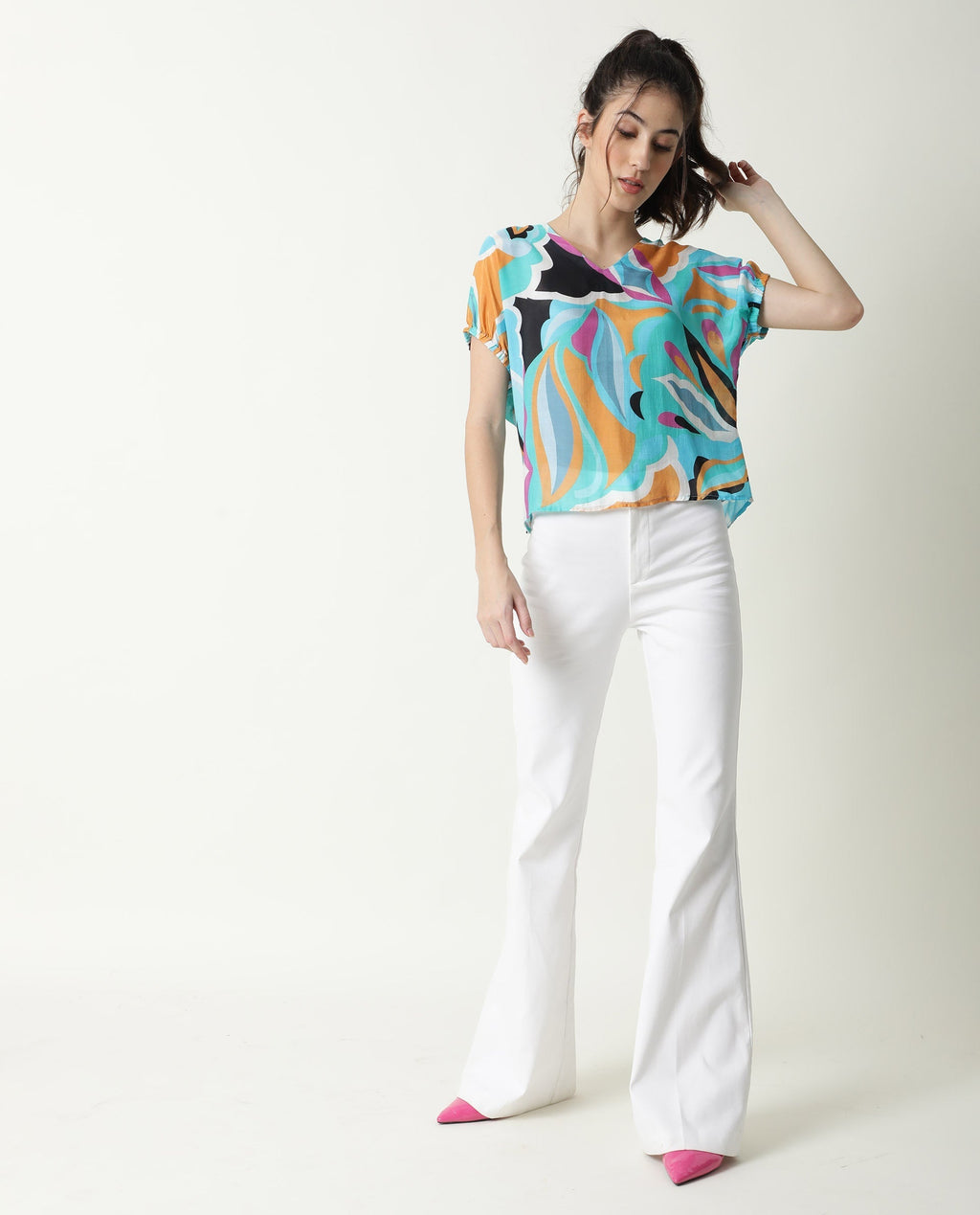 Rareism Women's Maverick Multi Cotton Blend V-Neck Abstract Print Relaxed Fit Top
