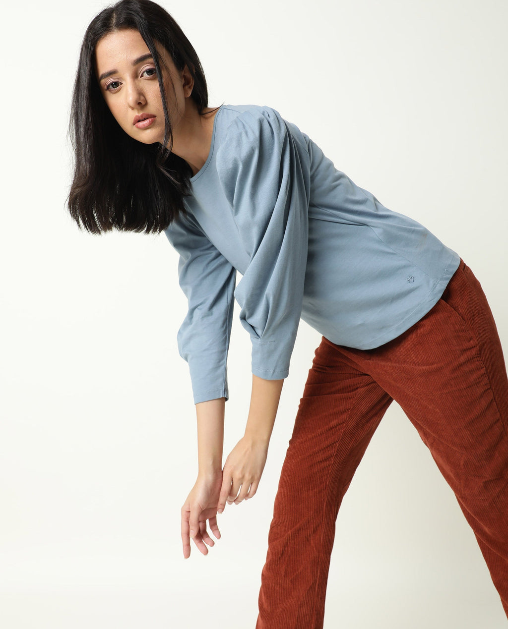 Rareism Women's Ballerina Blue Cotton Boat Neck Plain Knee Length Regular Fit Top