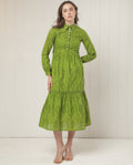 Rareism Women's Darcy Green Cotton Spread Collar Schiffli Knee Length Slim Fit Dress