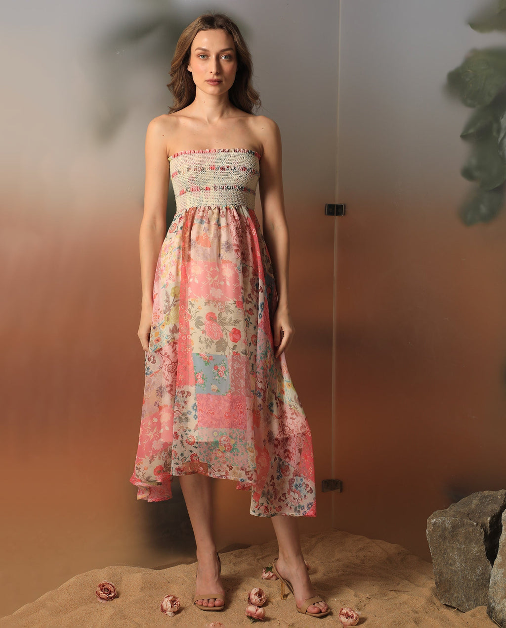 Rareism Women's Louiza Multi Polyester Shoulder Strap Floral Print Shoulder Strap Knee Length Regular Fit Dress