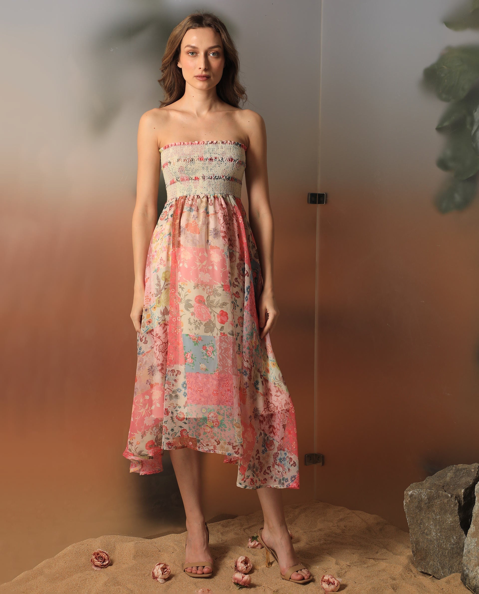 Rareism Women's Louiza Multi Polyester Shoulder Strap Floral Print Shoulder Strap Knee Length Regular Fit Dress