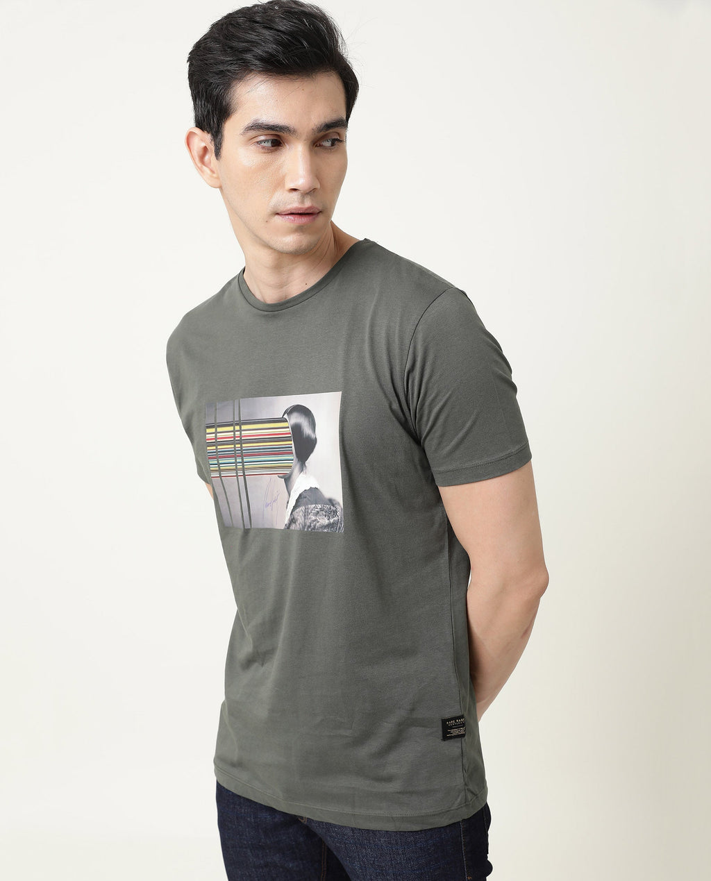 Rare Rabbit Men's Rainy Olive Cotton Graphic Print Slim Fit Half Sleeve Crew Neck T-Shirt