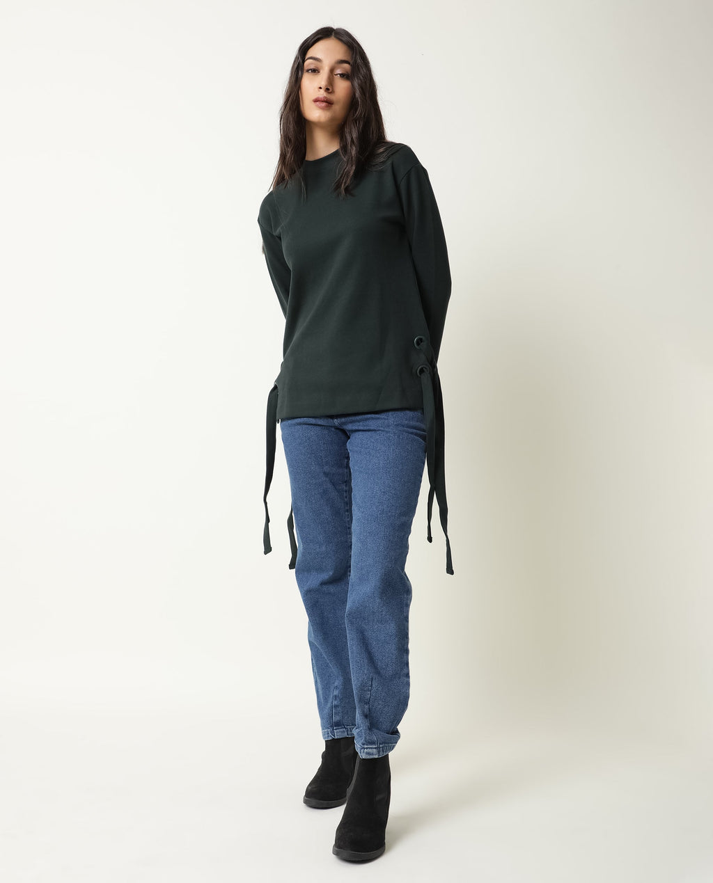 Rareism Women's Ross- Green Cotton Crew Neck Plain Regular Fit Top