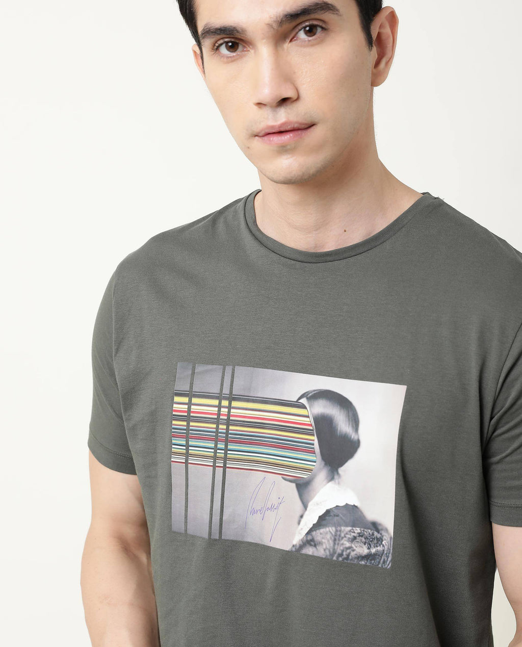 Rare Rabbit Men's Rainy Olive Cotton Graphic Print Slim Fit Half Sleeve Crew Neck T-Shirt