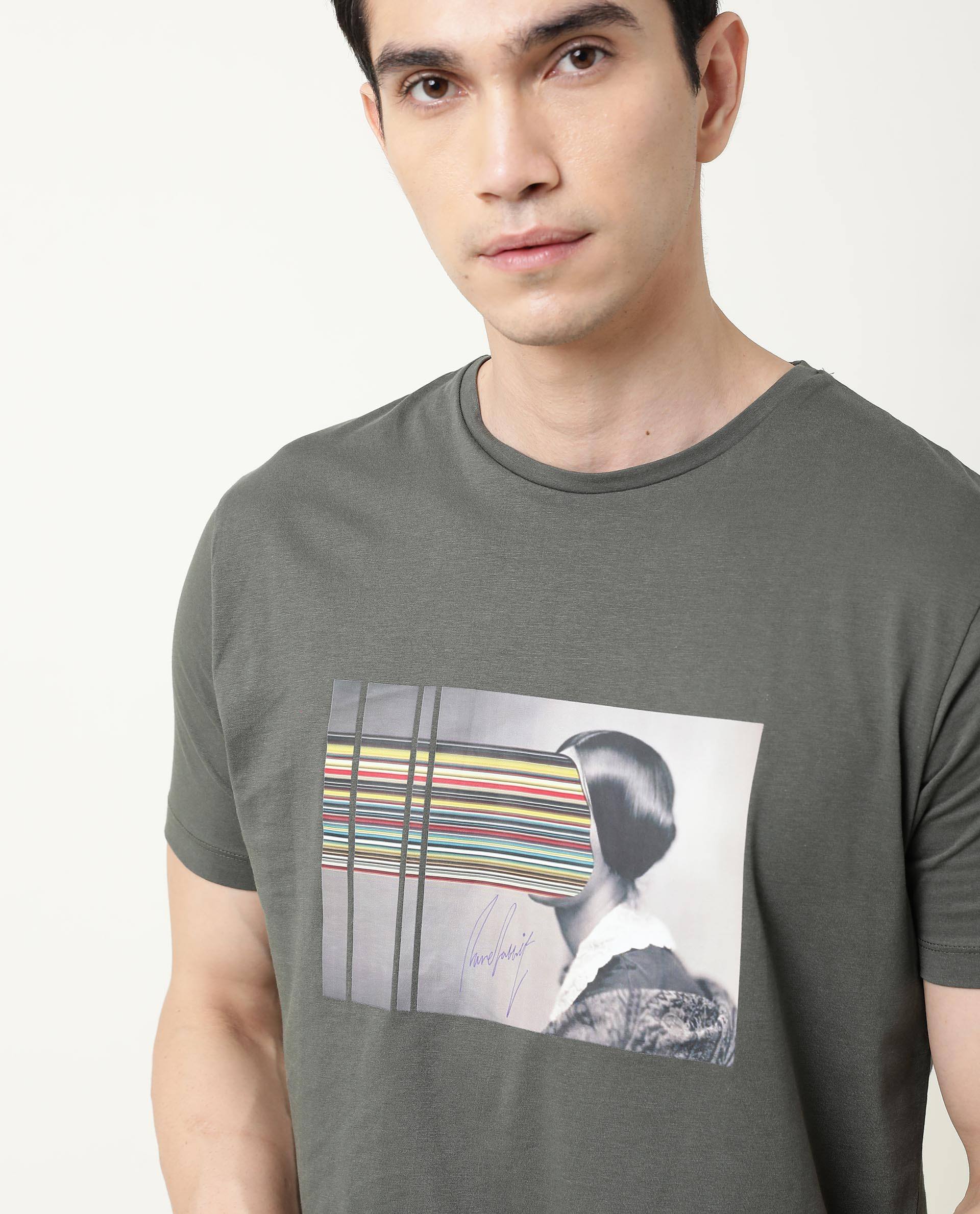 Rare Rabbit Men's Rainy Olive Cotton Graphic Print Slim Fit Half Sleeve Crew Neck T-Shirt