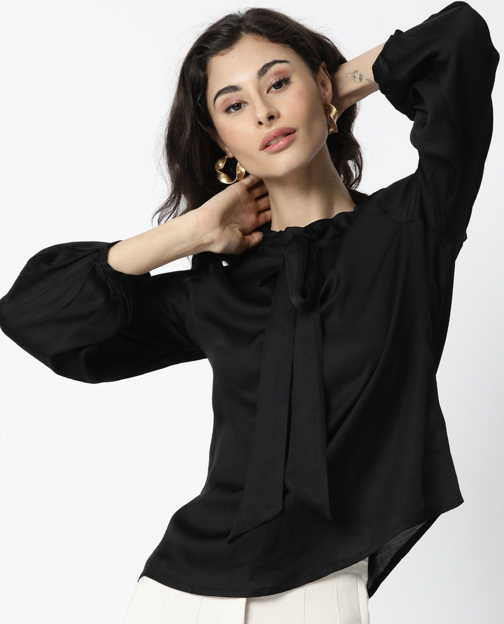 Rareism Women's Sleek Black Tie-Up Neck Plain Regular Fit Top