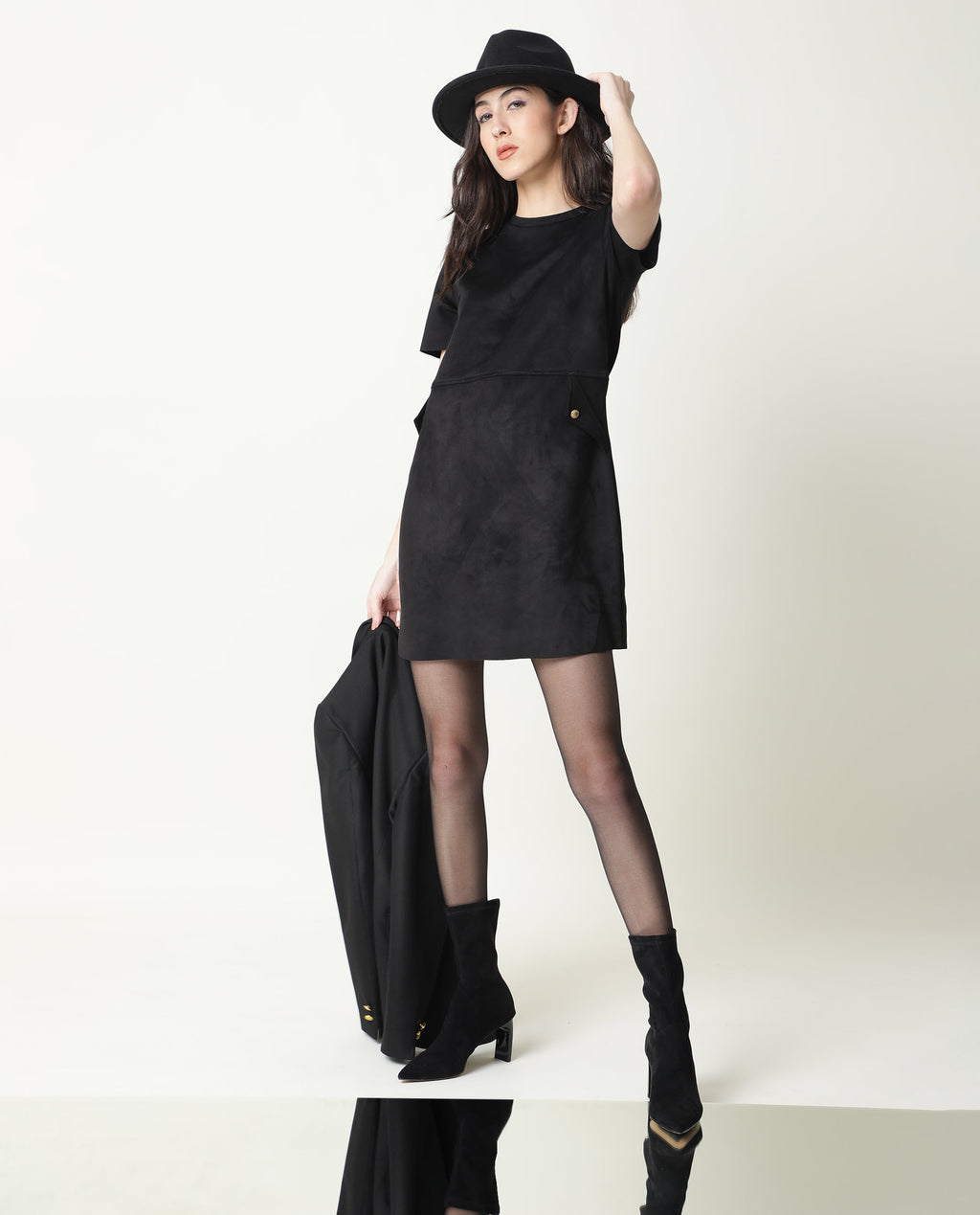 Rareism Women's Sions Black Crew Neck Plain Knee Length Tailored Dress