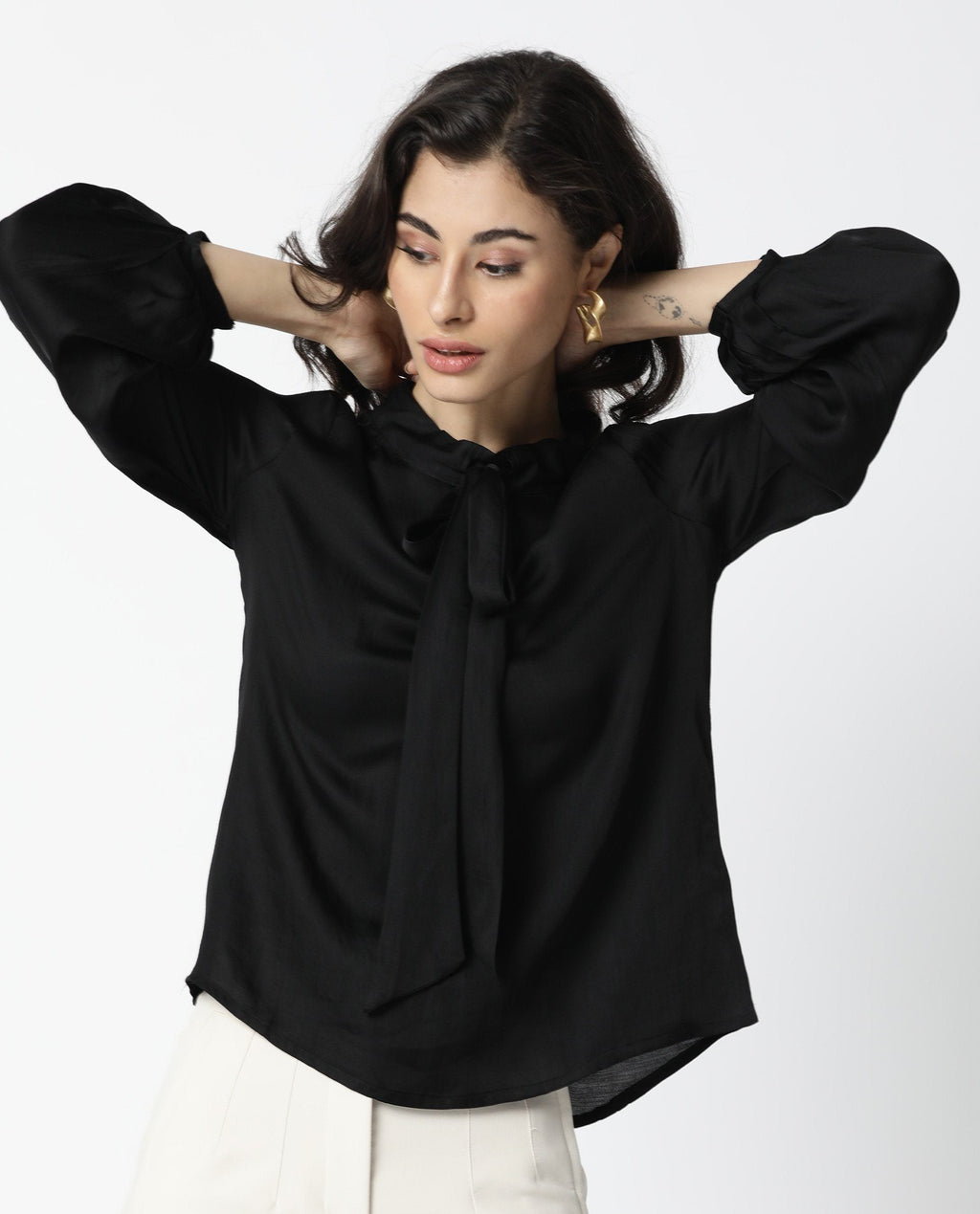 Rareism Women's Sleek Black Tie-Up Neck Plain Regular Fit Top