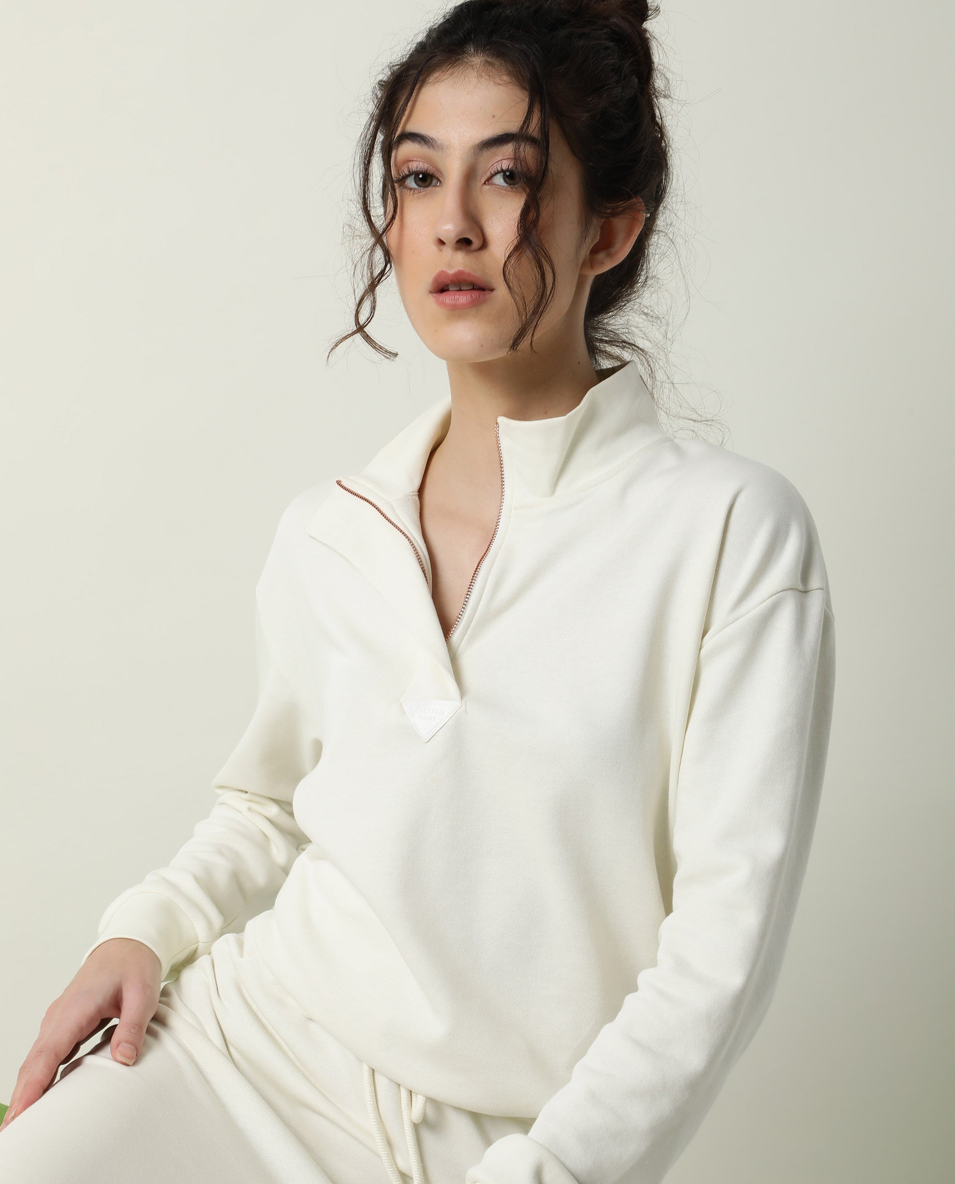 Rareism Women's Taffy-1 Off White High Neck Plain Relaxed Fit Sweatshirt