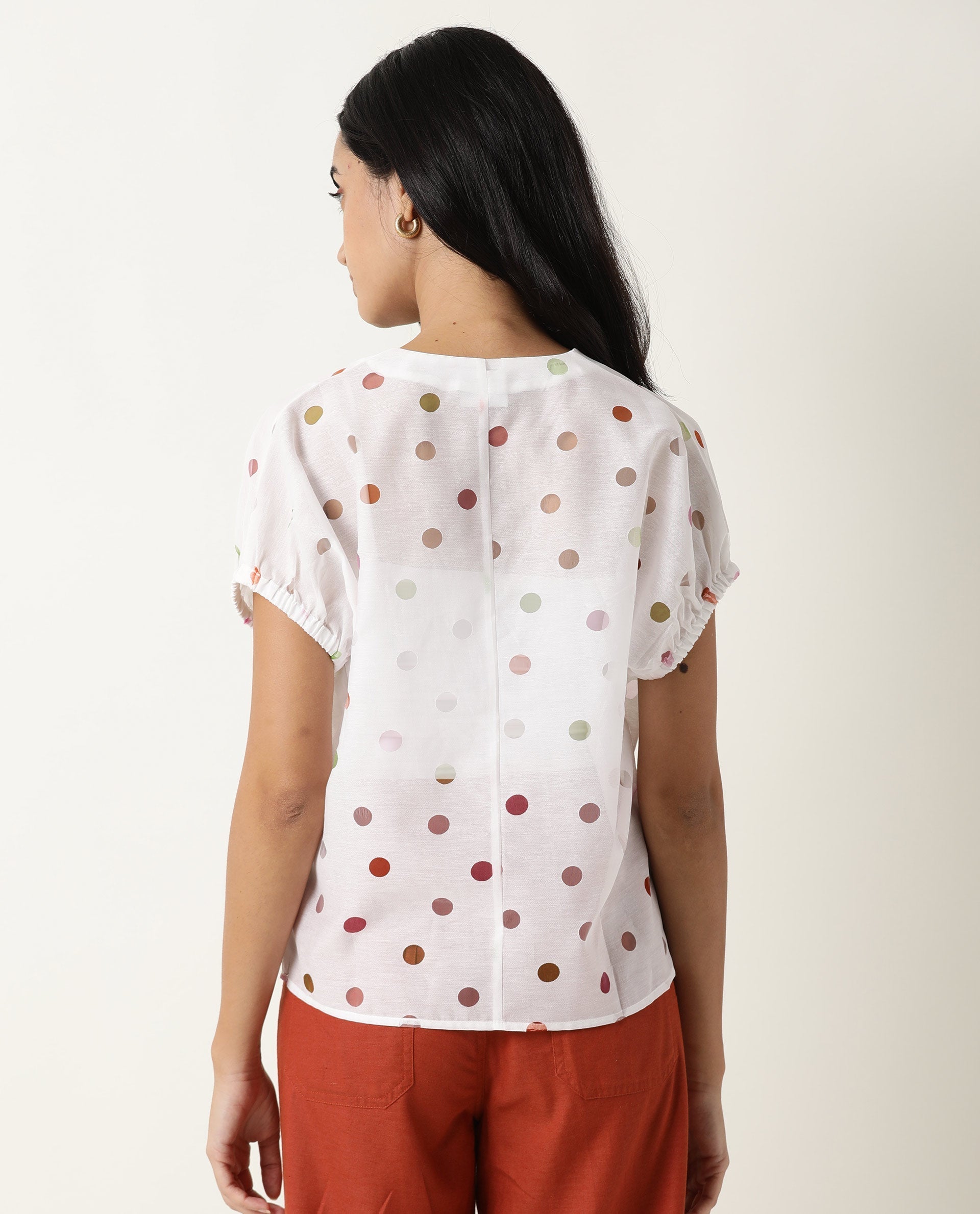 Rareism Women's Misan White V-Neck Color Block Knee Length Regular Fit Top