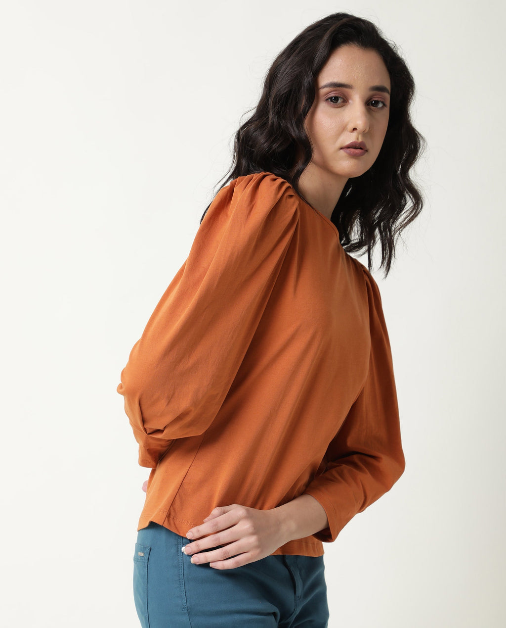 Rareism Women's Ballerina Orange Cotton Boat Neck Plain Midi Length Slim Fit Top