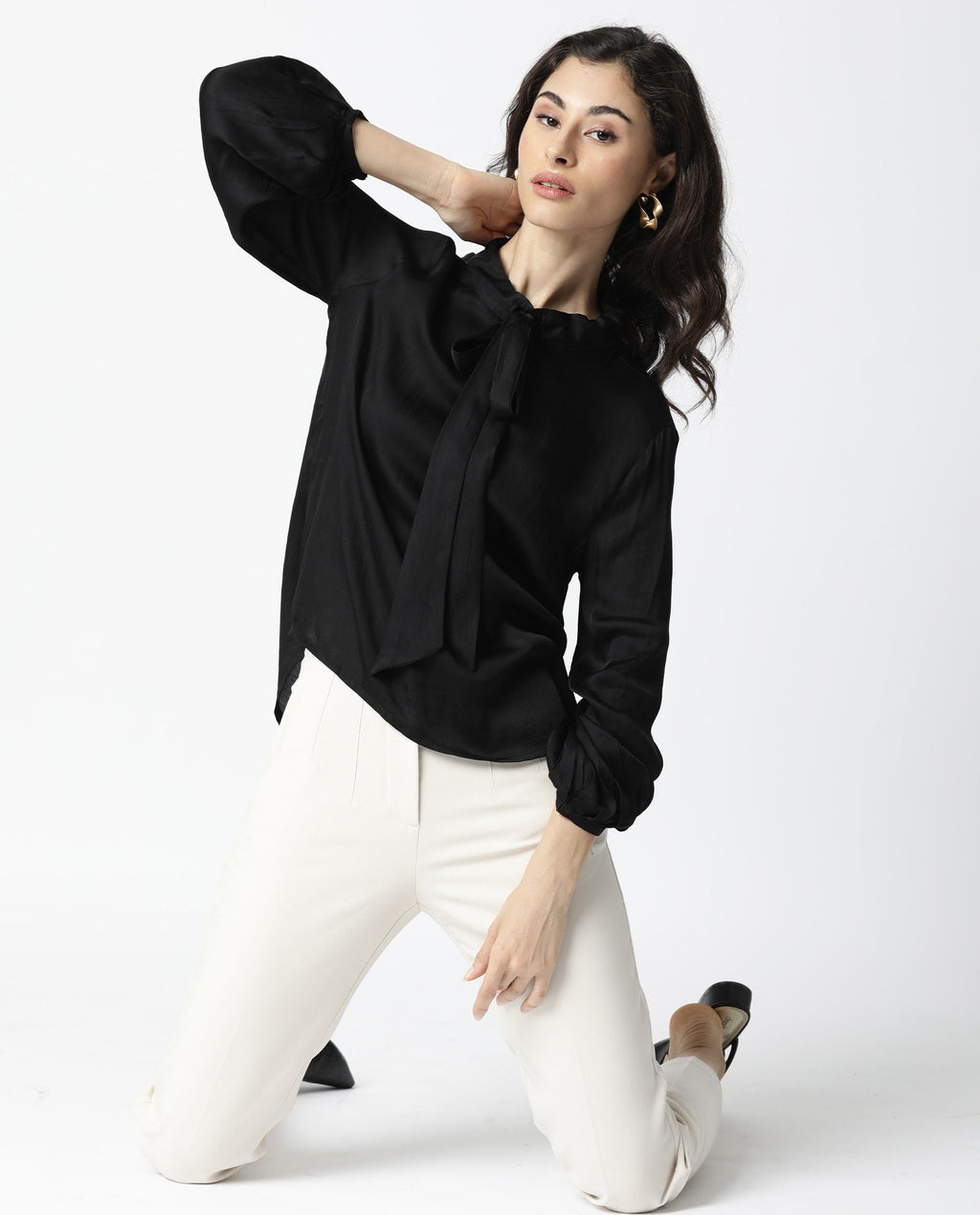 Rareism Women's Sleek Black Tie-Up Neck Plain Regular Fit Top