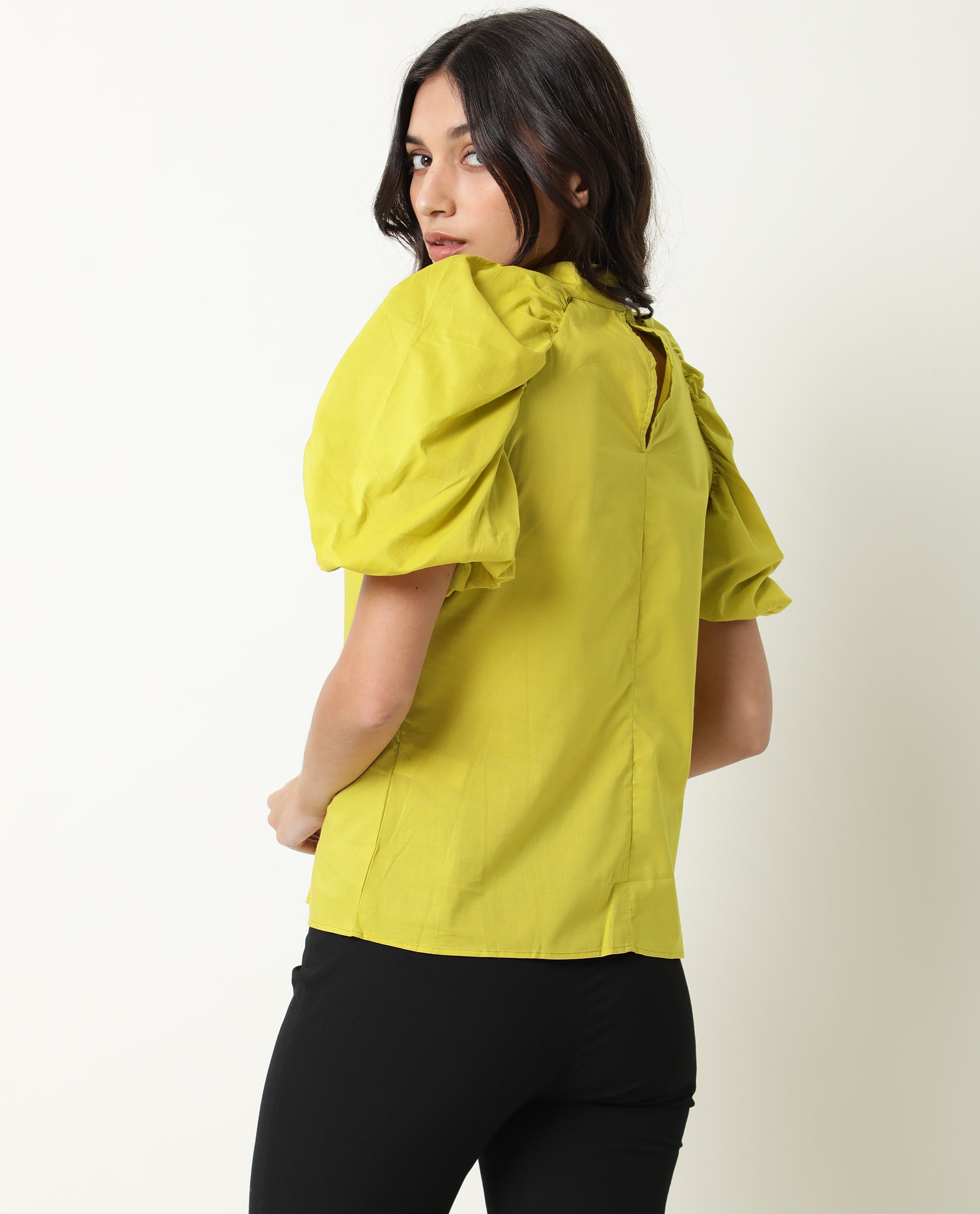 Rareism Women's Bobby Green Cotton High Neck Plain Balloon Sleeve Regular Fit Top