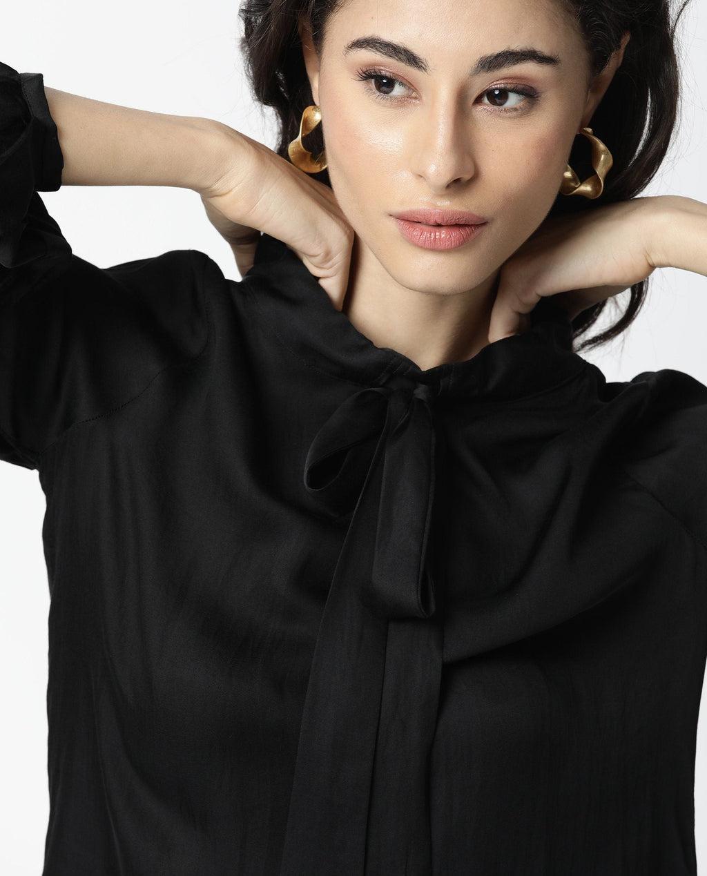 Rareism Women's Sleek Black Tie-Up Neck Plain Regular Fit Top
