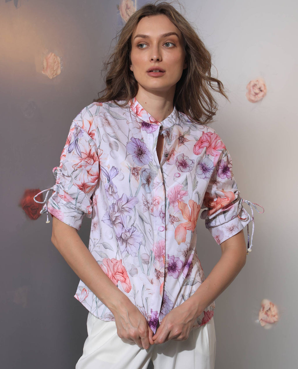 Rareism Women's Roxy Multi Cotton Mandarin Collar Floral Print Regular Fit Top