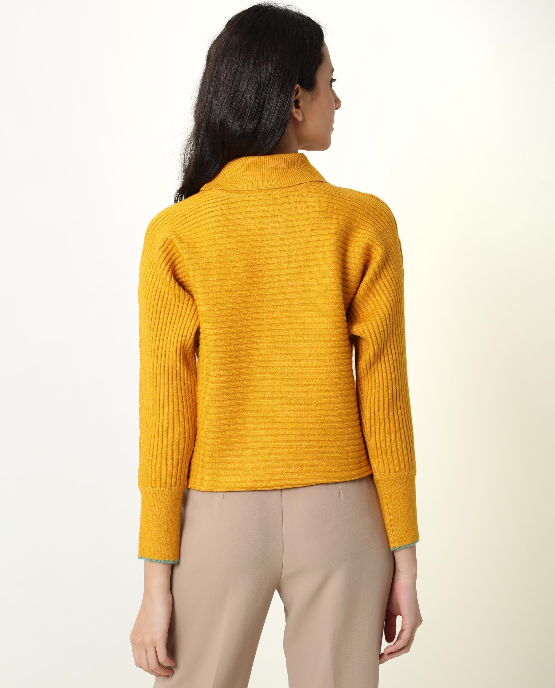 Rareism Women's Levour Mustard Acrylic Turtle Neck Plain Relaxed Fit Sweater